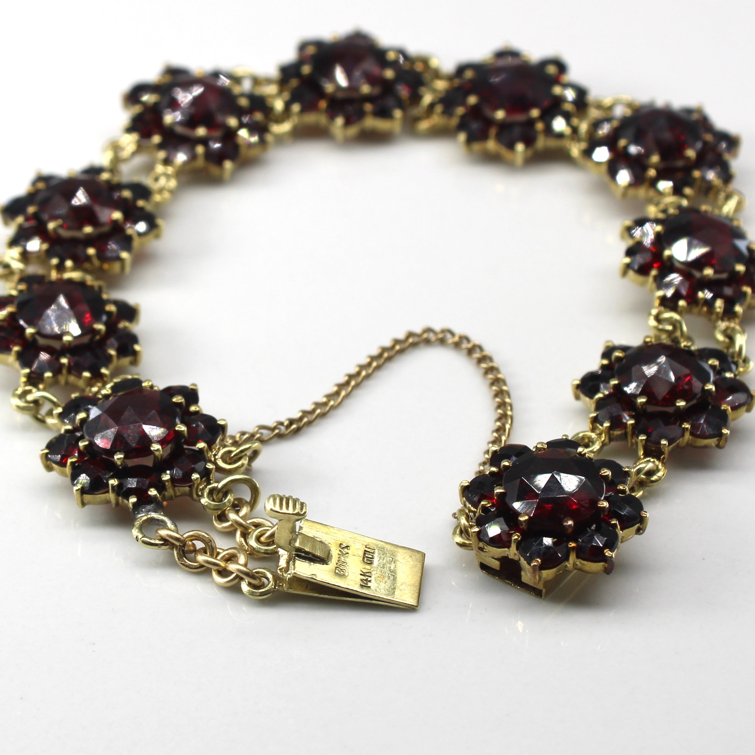 Victorian Birks Rose Cut Cluster Set Garnet Bracelet | 7.5"|