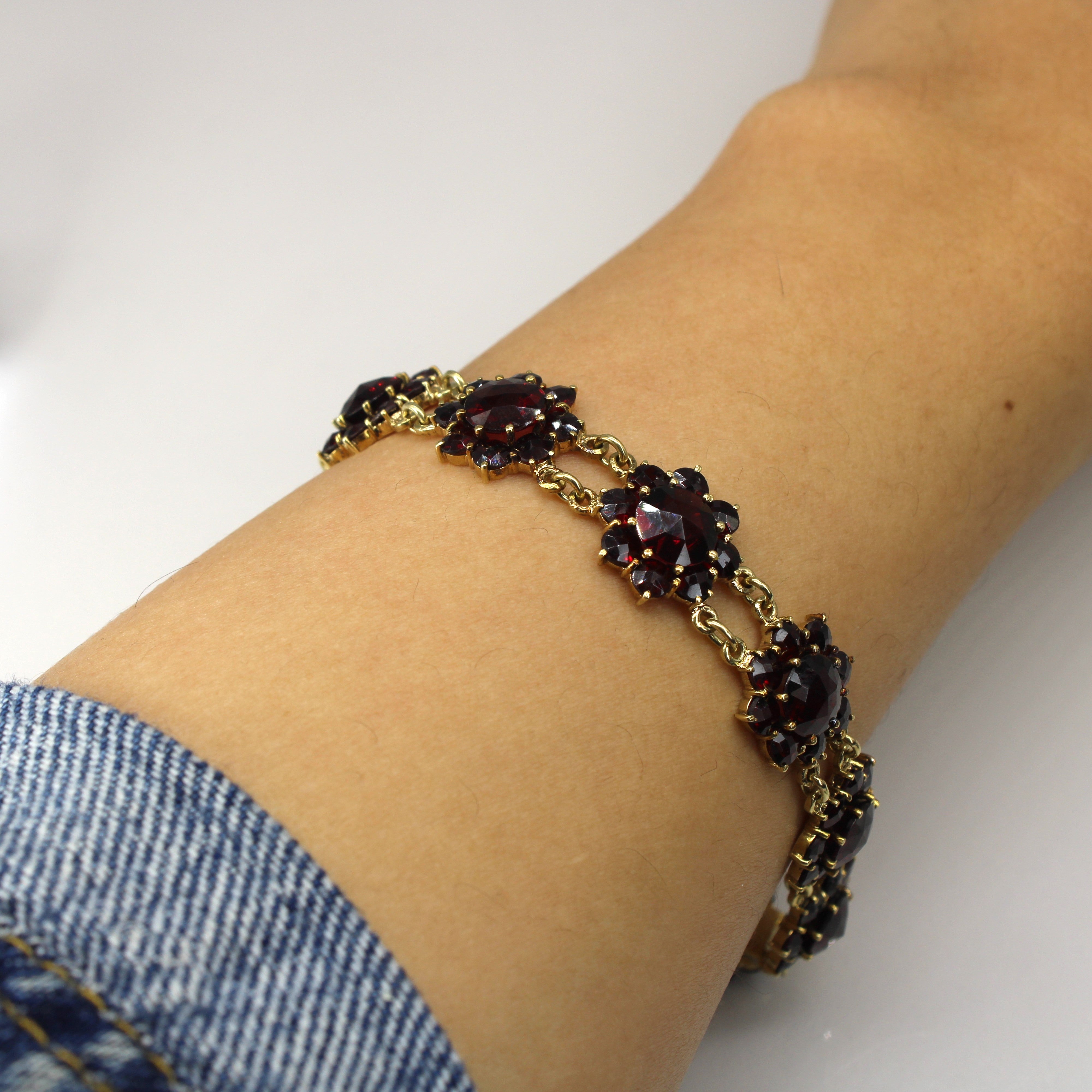 Victorian Birks Rose Cut Cluster Set Garnet Bracelet | 7.5"|
