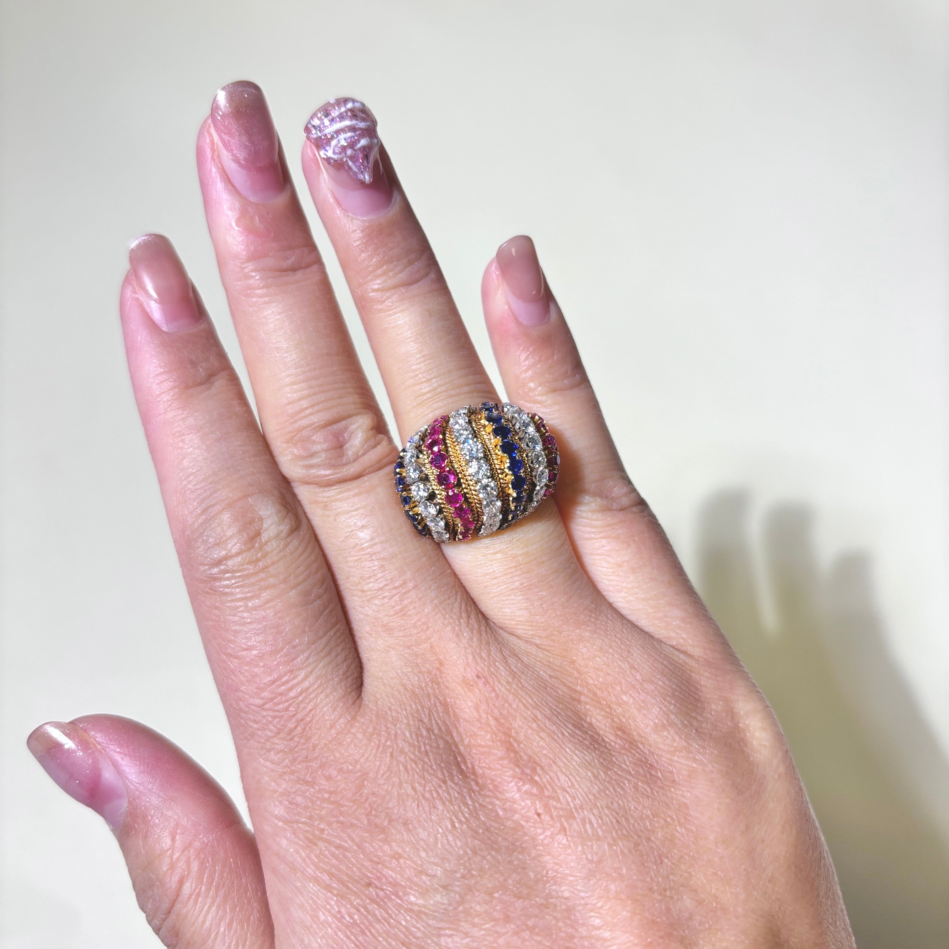18K Yellow Gold Ruby, Sapphire & Diamond Dome Ring | 1.01ctw, 1.01ctw, 1.60ctw | SZ 5.25