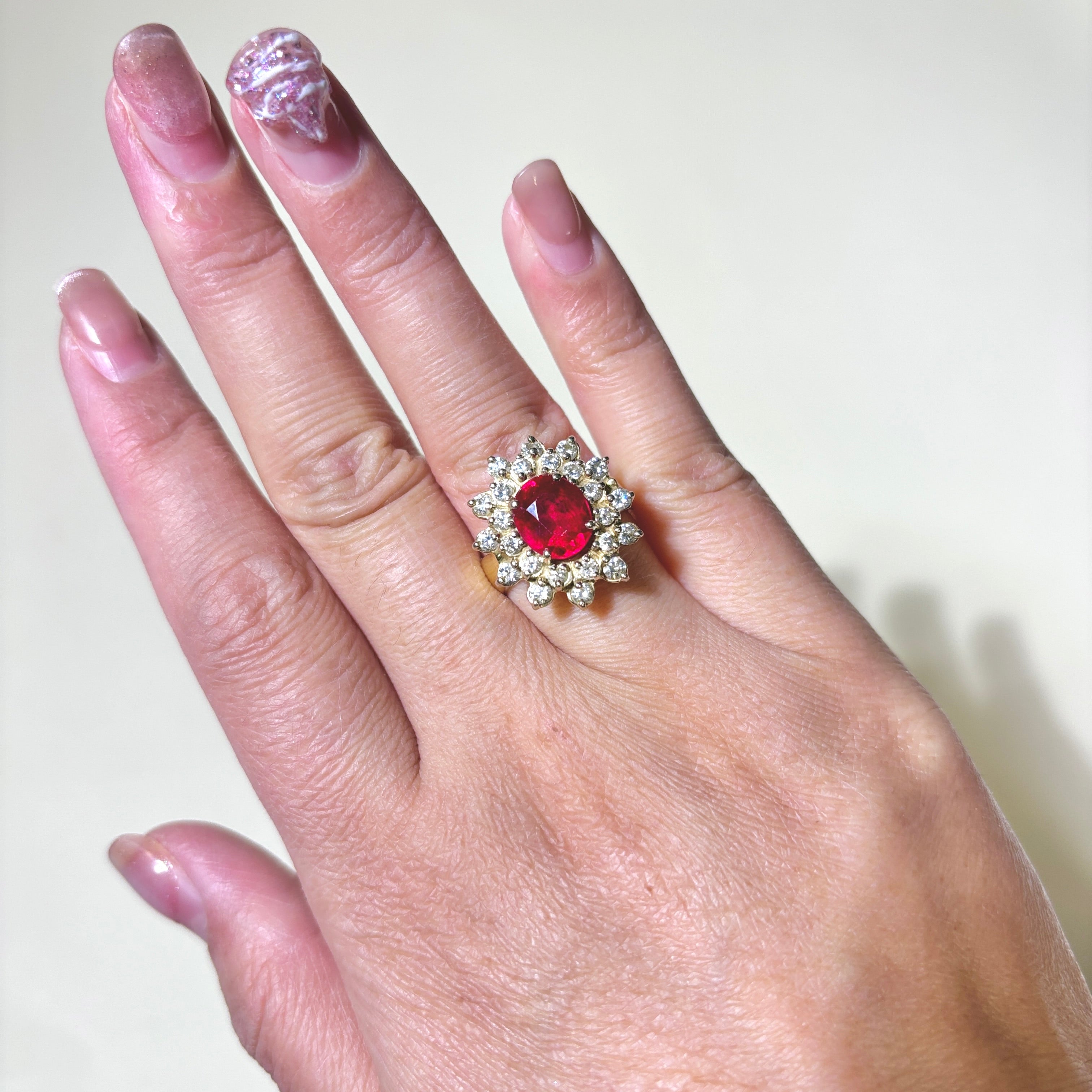 18k Synthetic Ruby & Diamond Halo Ring | 3.00ct, 0.90ctw | SZ 7