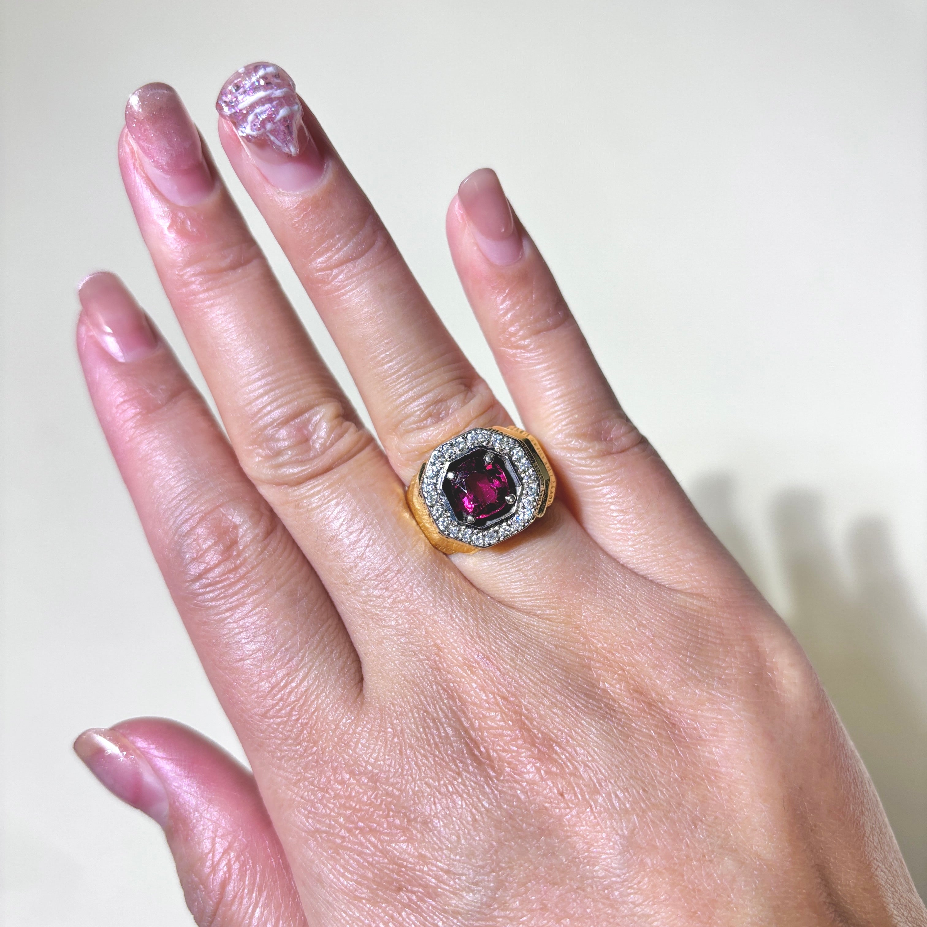 18K Yellow Gold Ruby & Diamond Halo Cocktail Ring | 1.80ct, 0.39ctw | SZ 5.75