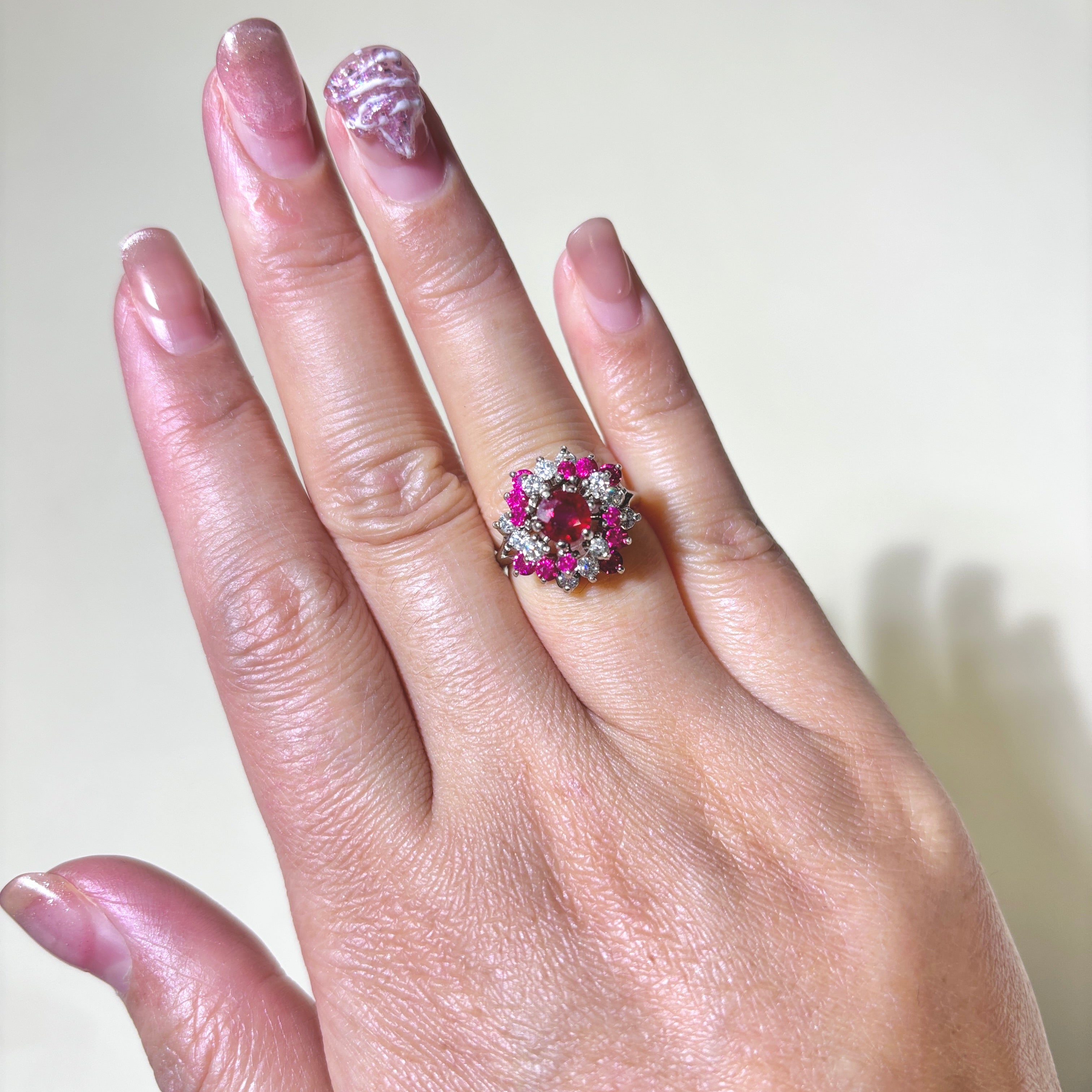 10k Synthetic Ruby & Diamond Cluster Cocktail Ring | 1.25ctw, 0.44ctw | SZ 5