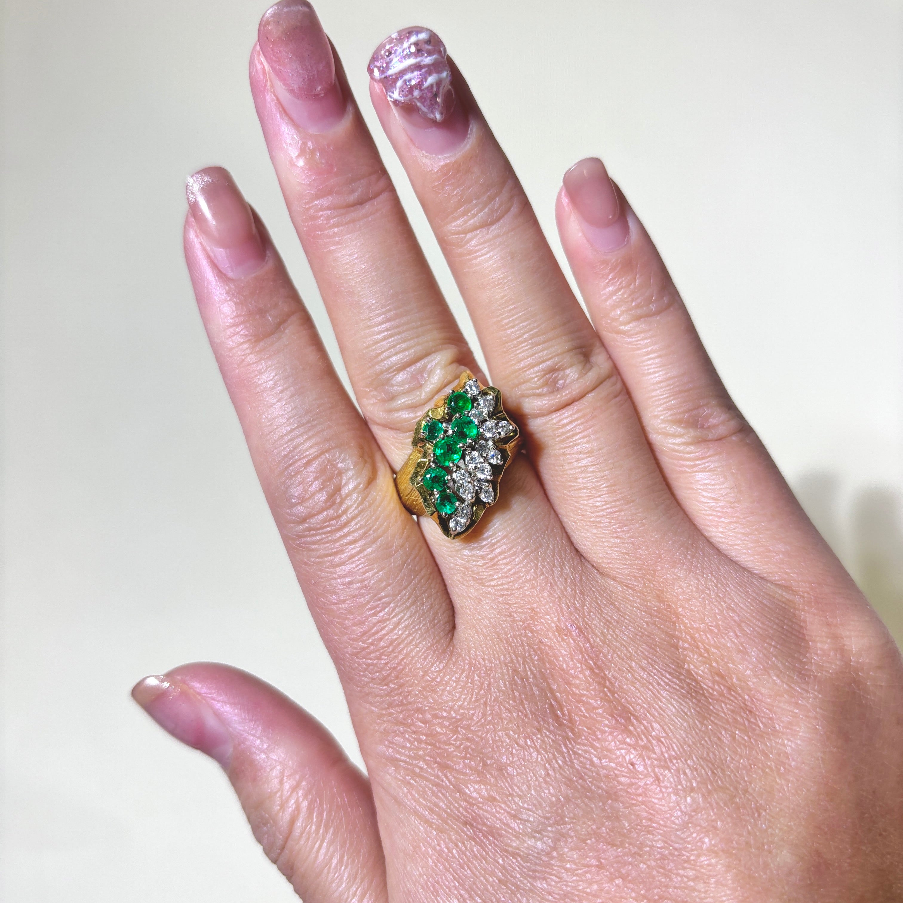 18K Yellow and White Gold Emerald & Diamond Waterfall Ring | 0.50ctw, 0.45ctw | SZ 7.25