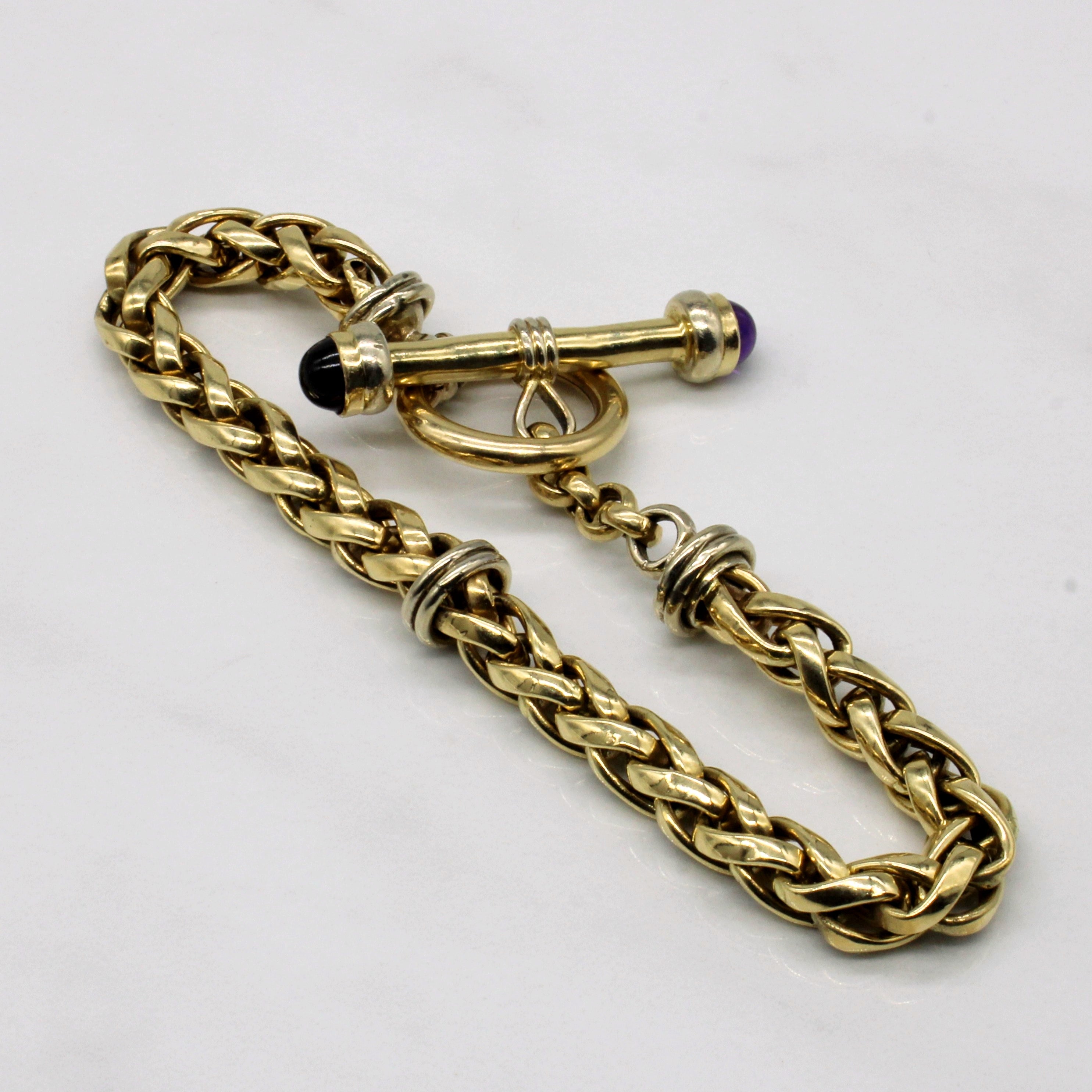 14k Yellow Gold with Amethyst Cabochon Wheat Link Bracelet | 8" | 1.4 ctw |