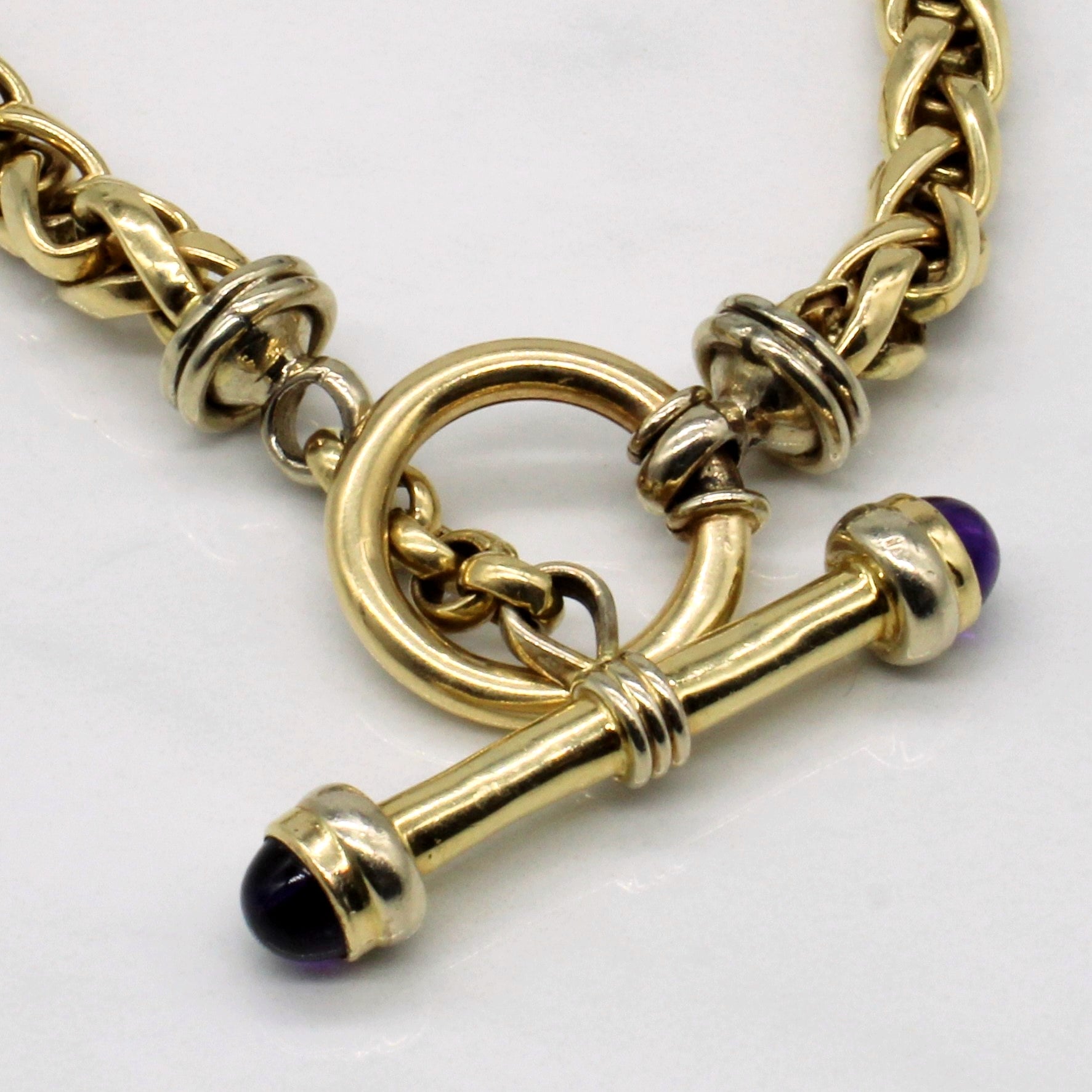 14k Yellow Gold with Amethyst Cabochon Wheat Link Bracelet | 8" | 1.4 ctw |