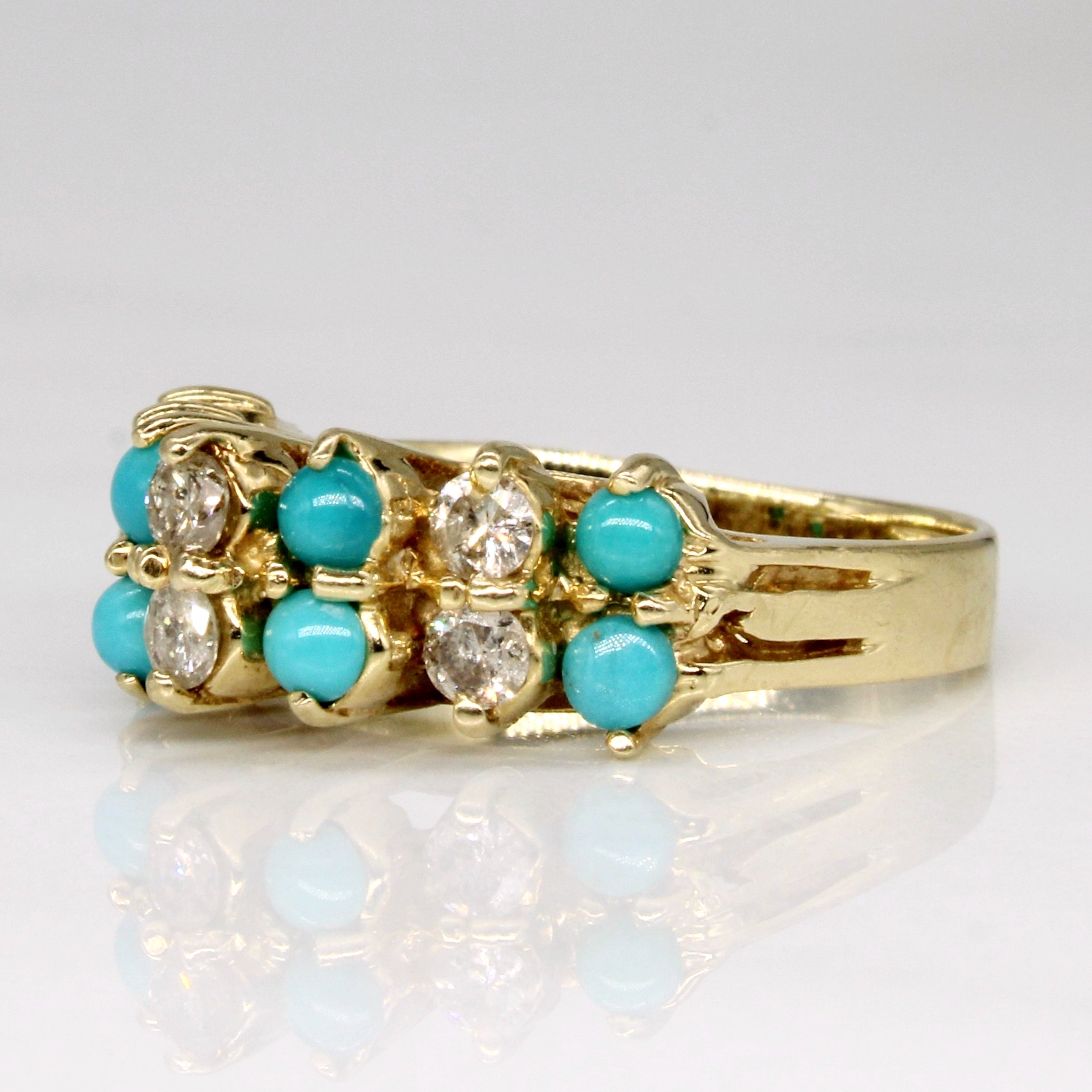 14k Yellow Gold Turquoise & Diamond High Set Ring | 0.60ctw, 0.36ctw | SZ 5.75 |