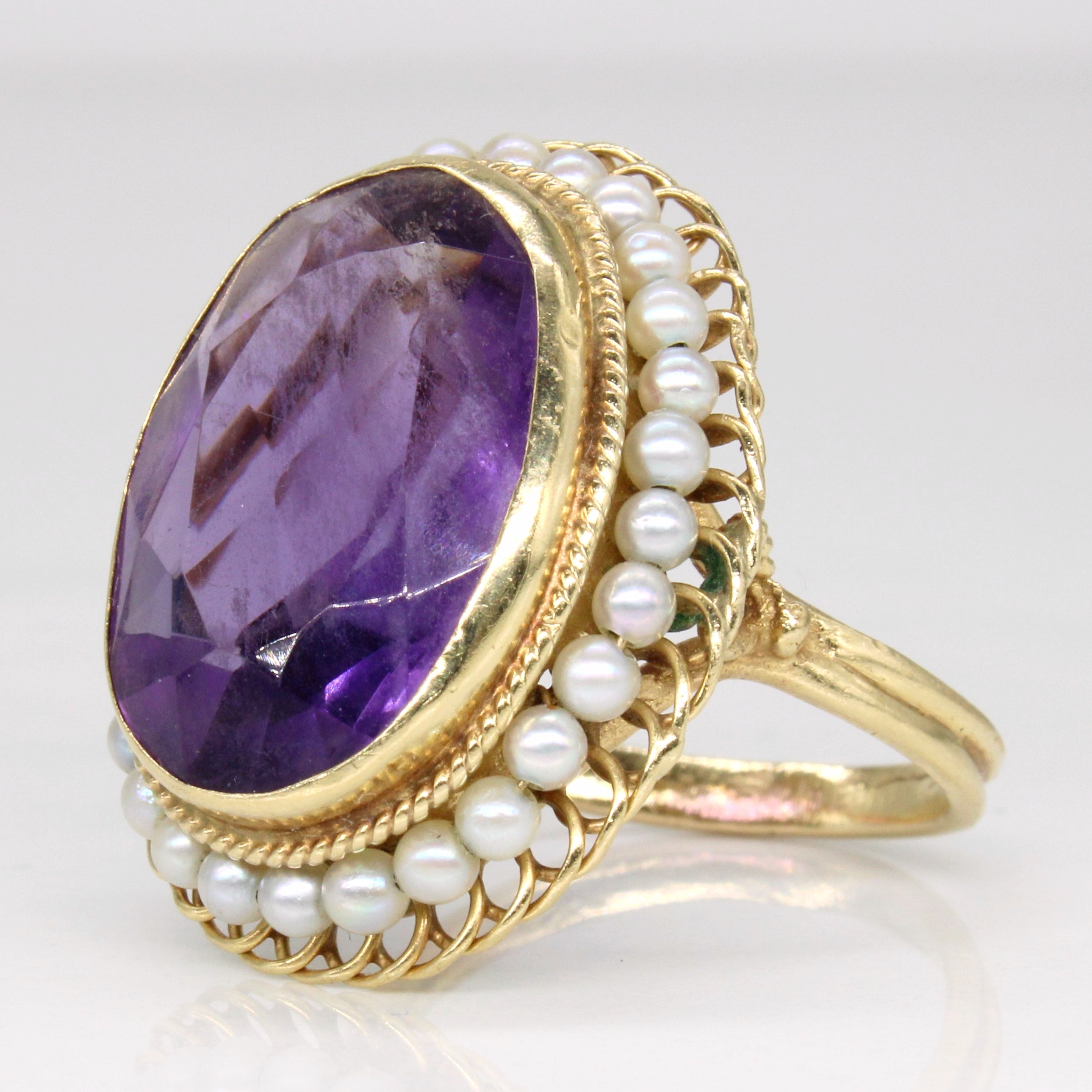Vintage Amethyst & Pearl Cocktail Ring | 10.00ct | SZ 7.5 |