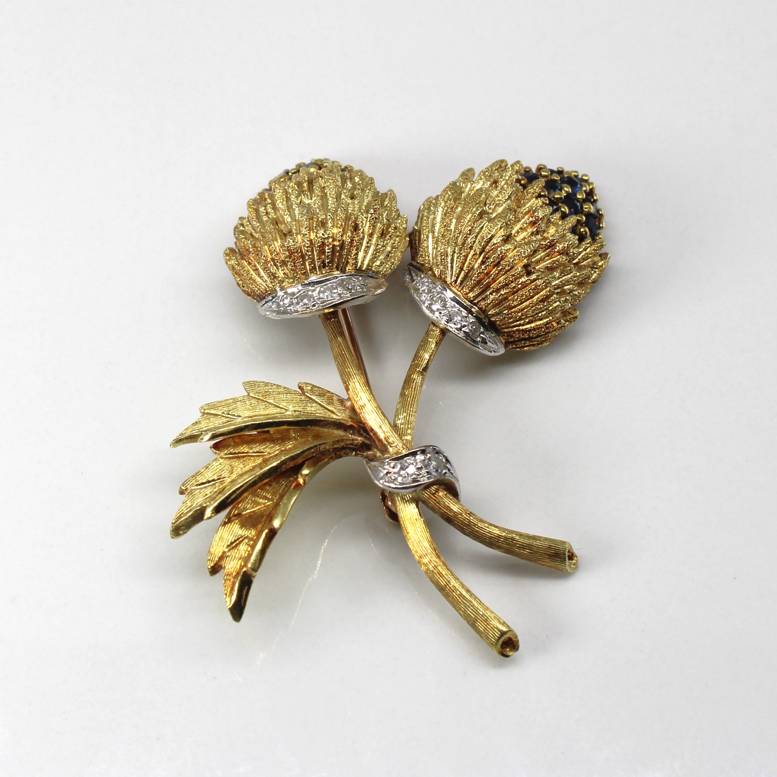Sapphire & Diamond Floral Gold Brooch | 1.20ctw | 0.14ctw |