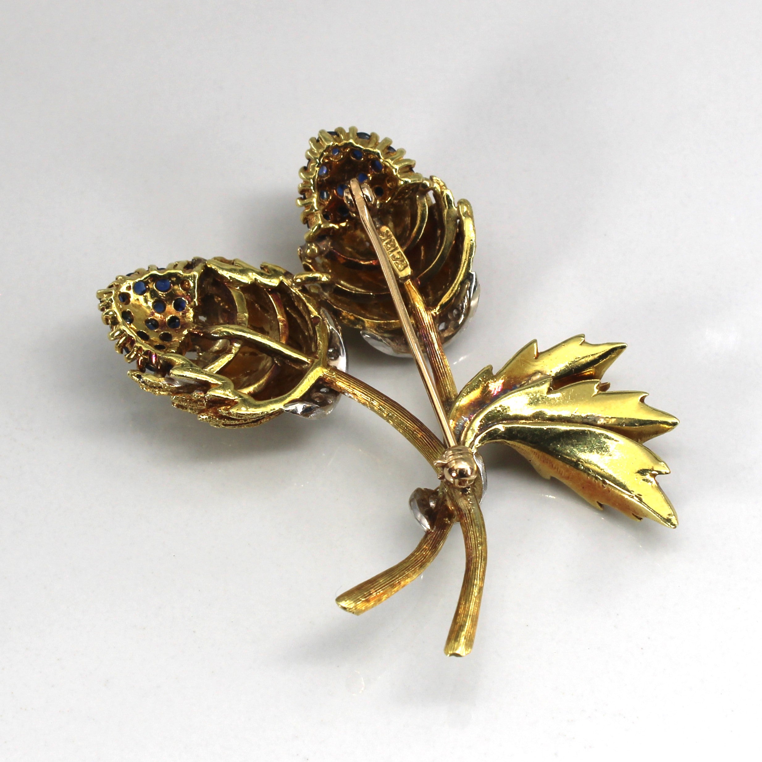 Sapphire & Diamond Floral Gold Brooch | 1.20ctw | 0.14ctw |