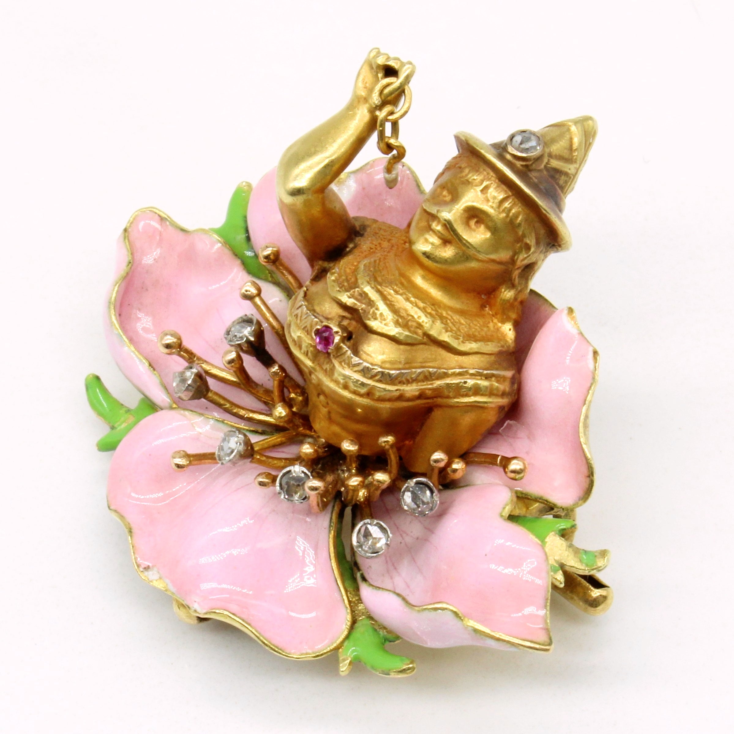 Diamond & Ruby Enamel Flower Brooch | 0.05ctw, 0.01ct |