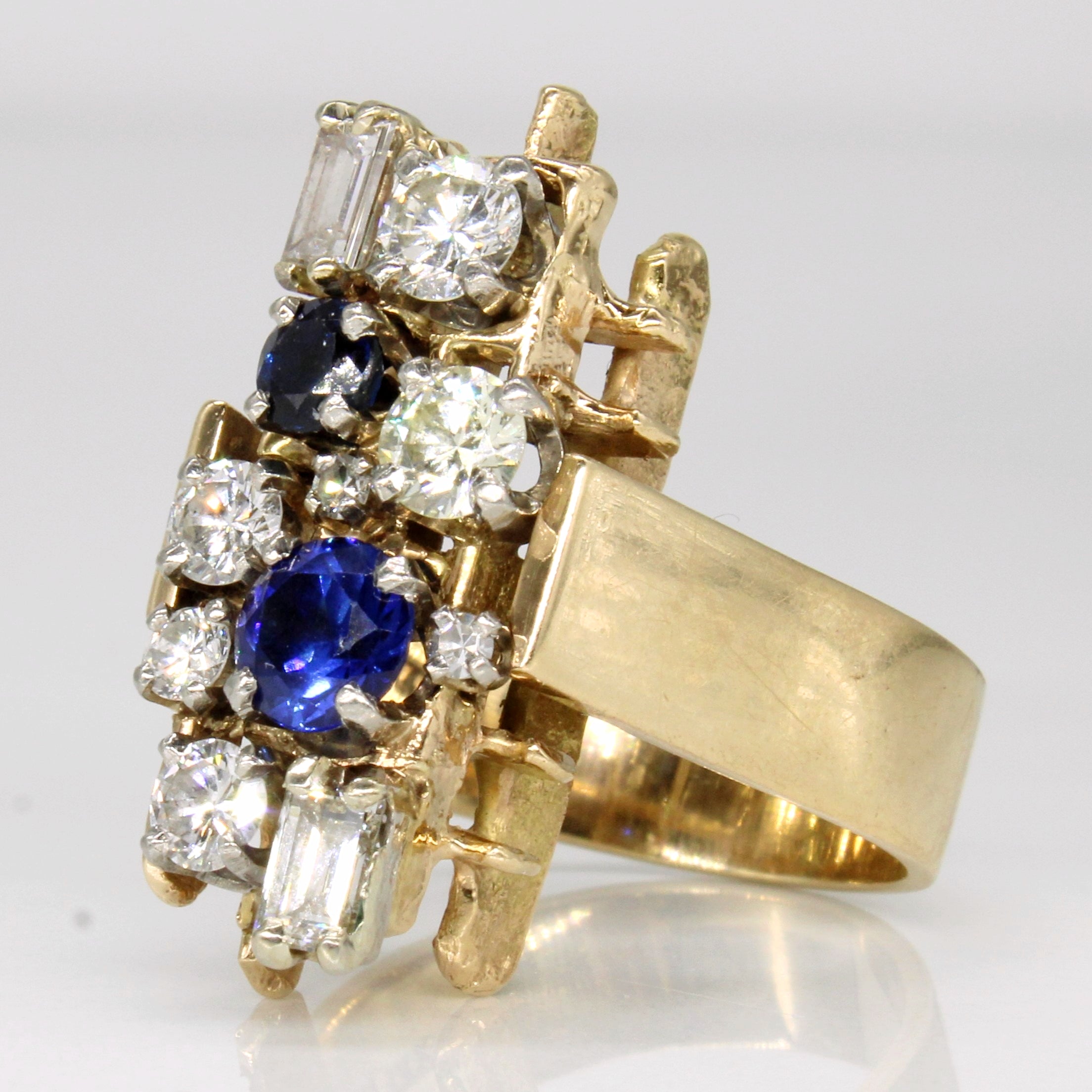 Abstract Diamond, Synthetic Sapphire and Sapphire 14k Multi-Stone Ring | 1.08ct, 0.9ctw, 0.25ctw | SZ 6.75 |