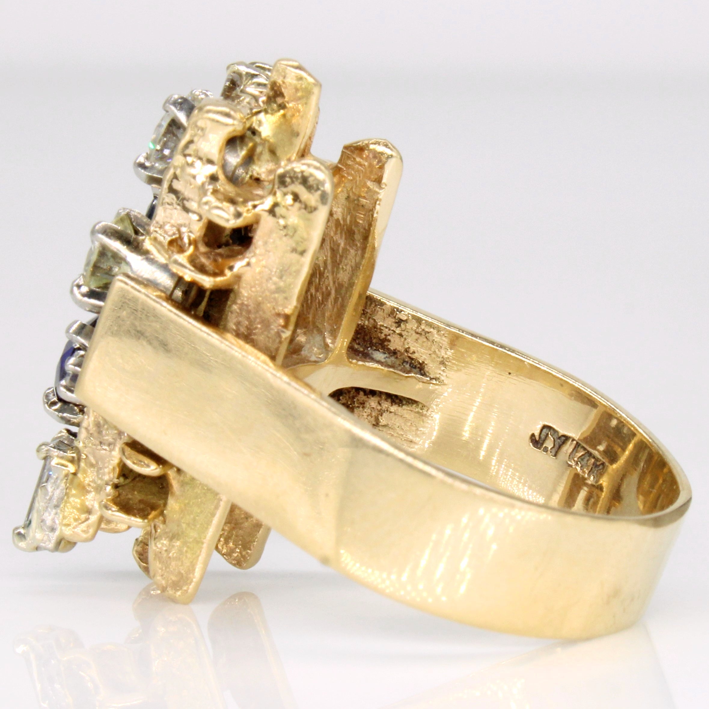 Abstract Diamond, Synthetic Sapphire and Sapphire 14k Multi-Stone Ring | 1.08ct, 0.9ctw, 0.25ctw | SZ 6.75 |