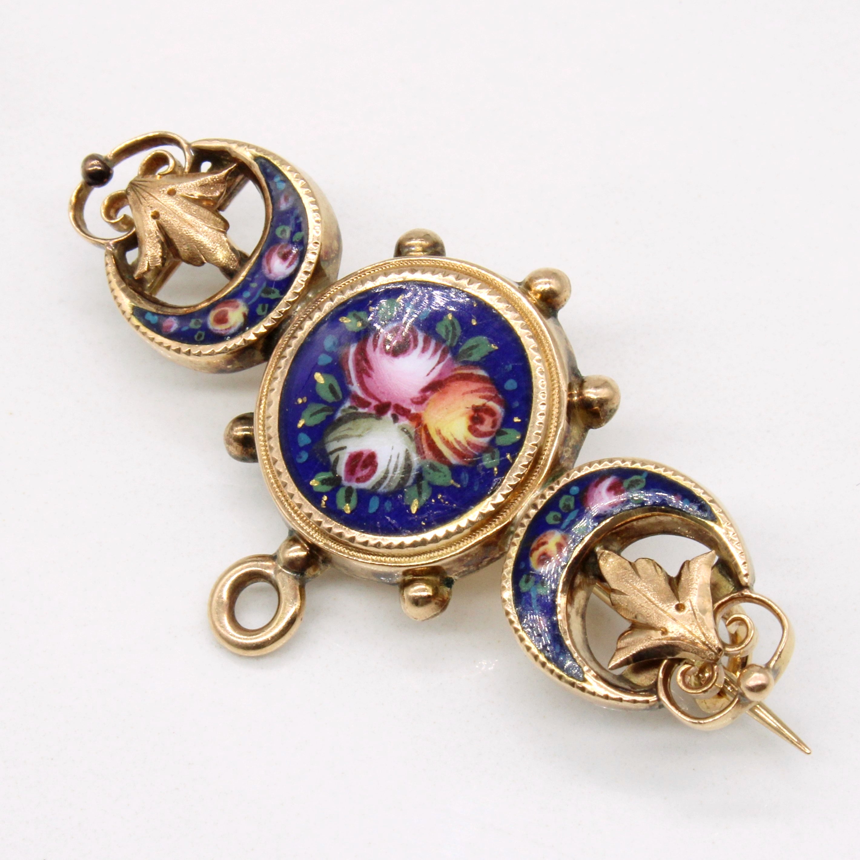 Vintage 18k Yellow Gold Enamel Flower Brooch