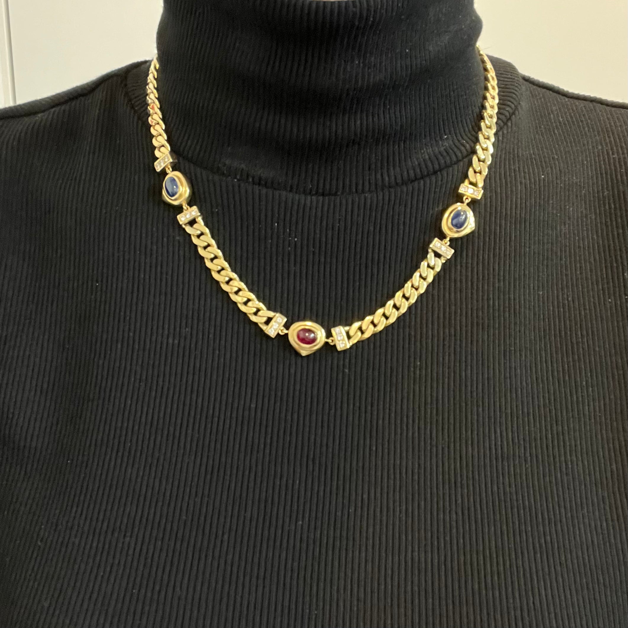 Sapphire, Ruby Cabochon and Diamond Curb Chain Necklace | 2.9ctw, 1.5ctw 0.5ctw | 17" |