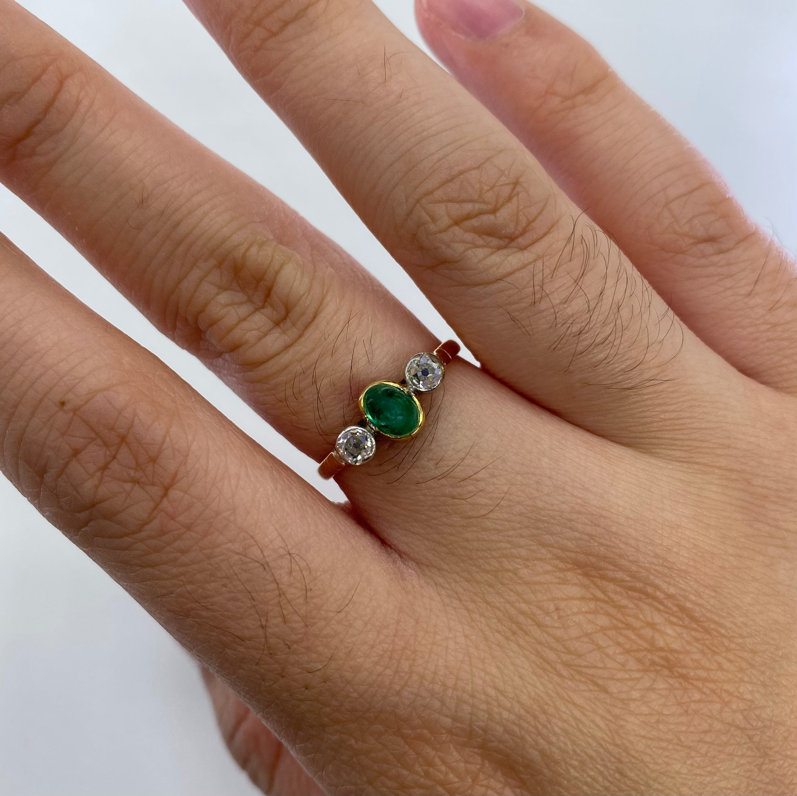 'Birks' Antique Cabochon Emerald and Diamond Three Stone Ring | 0.50ct, 0.20ctw | SZ 7 |