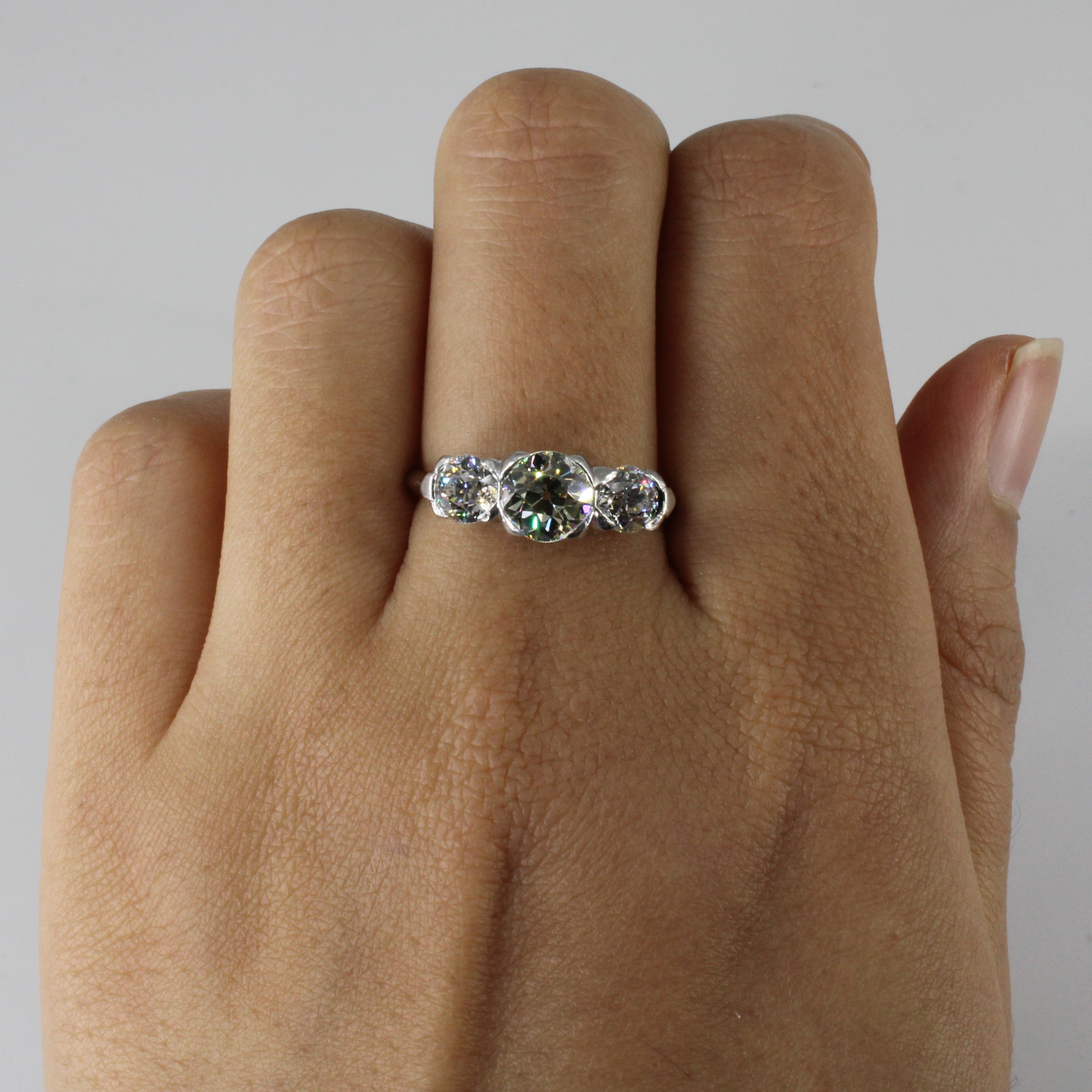 Antique Old European Cut Three Diamond Platinum Ring | 1.86ctw | SZ 7.5 |