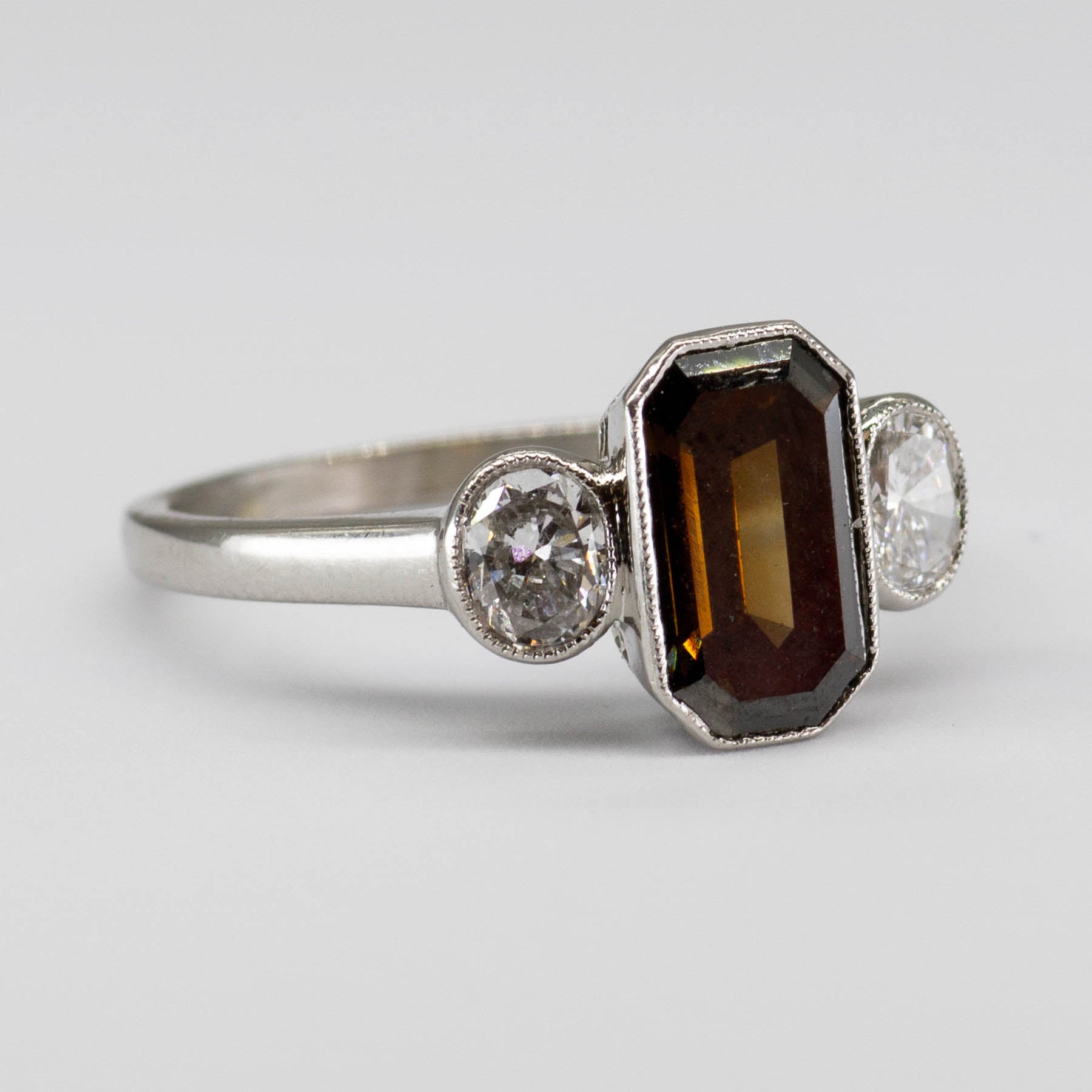 Art Deco Emerald Cut Chocolate Diamond Ring with Oval Side Diamonds | SZ 6.25 |