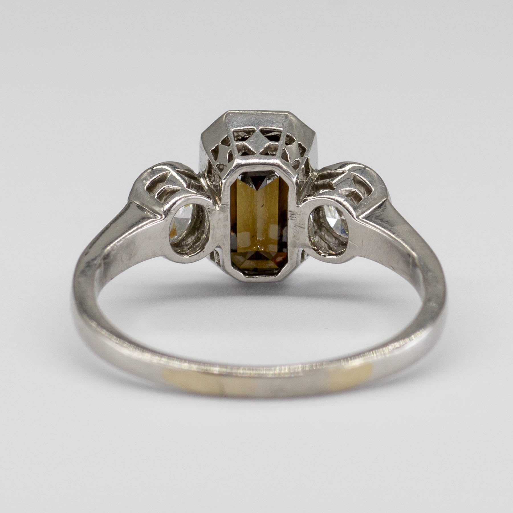 Art Deco Emerald Cut Chocolate Diamond Ring with Oval Side Diamonds | SZ 6.25 |