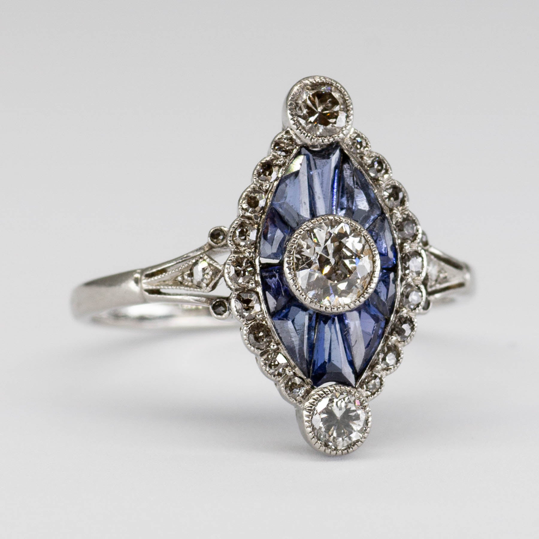 Art Deco Platinum Diamond and Sapphire Ring with French Hallmarks | SZ 7 | 1.32 ctw