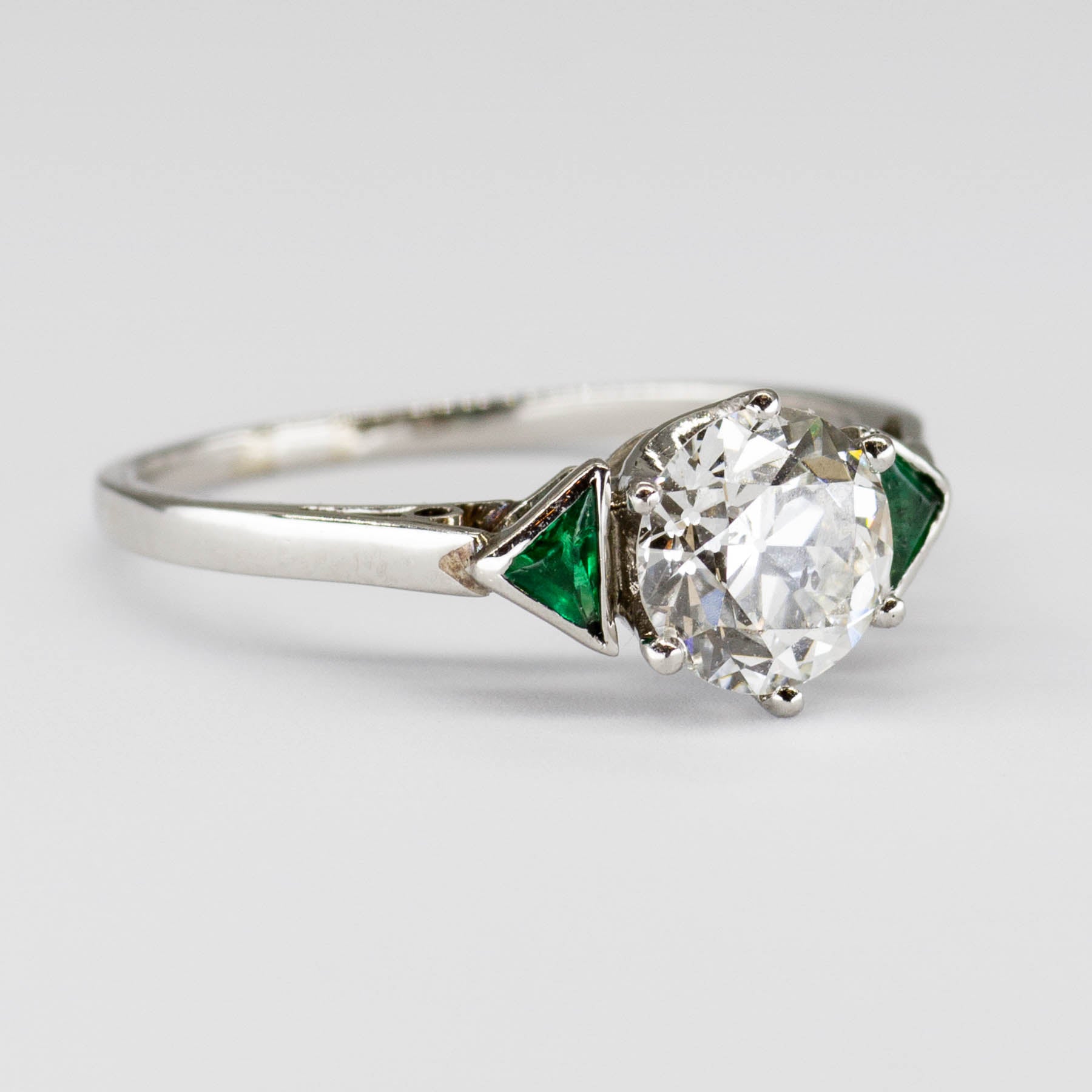 Art Deco Old European and Emerald Platinum Ring | SZ 6.5 | 1.12 ct SI1 F