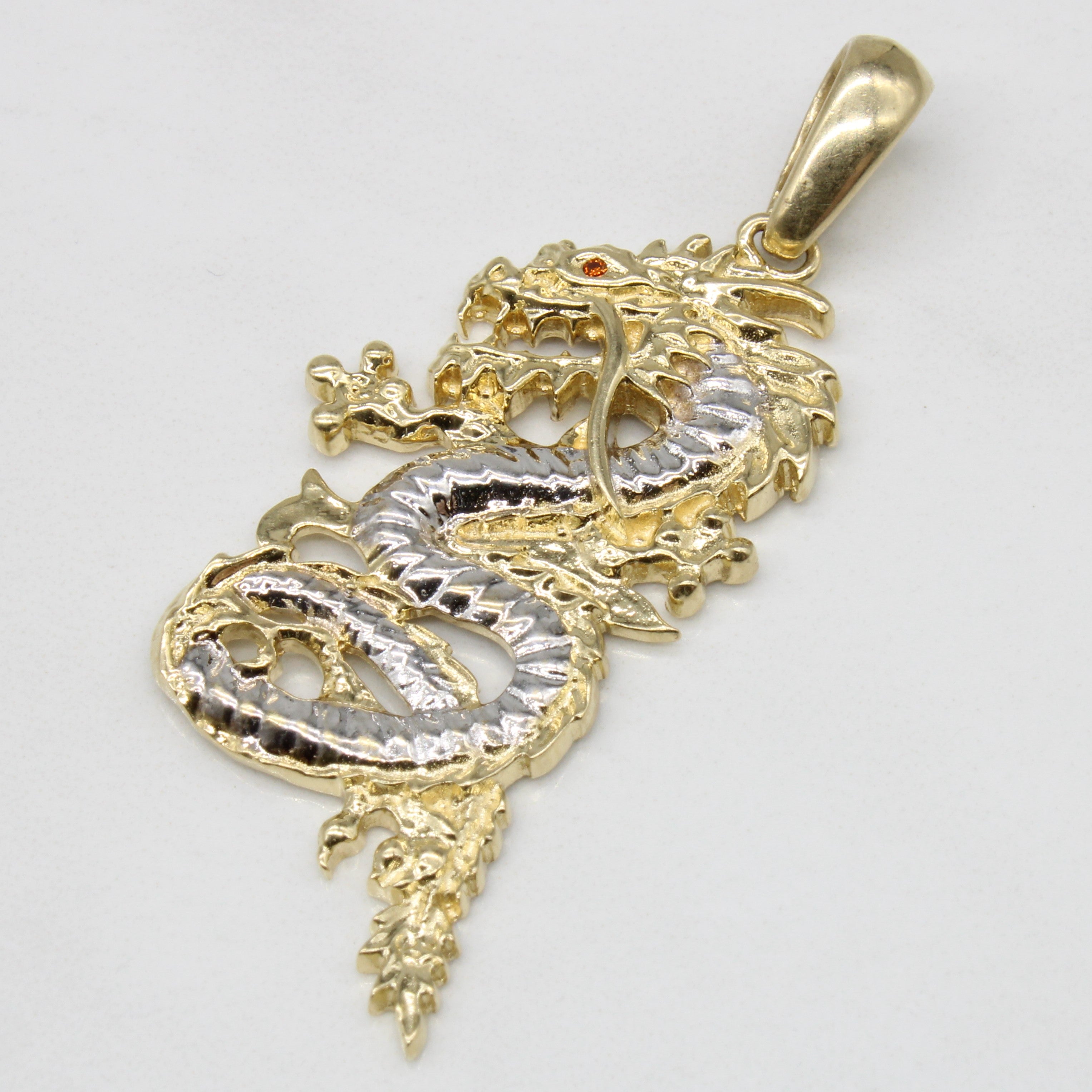 10k Two Tone Gold Dragon Pendant with Garnet Eye | 0.005ct |