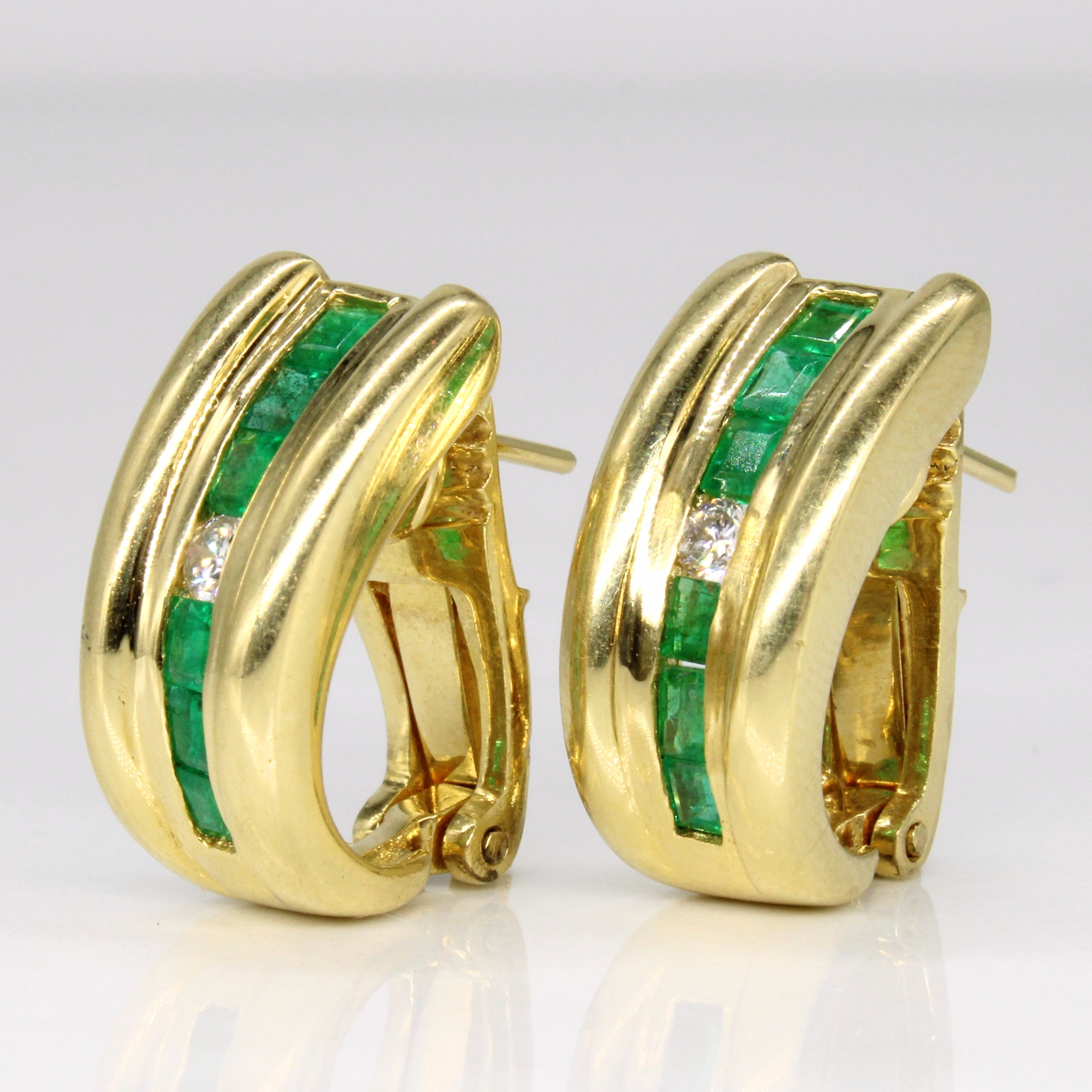 Channel Set Emerald & Diamond Earrings | 1.00ctw, 0.14ctw |