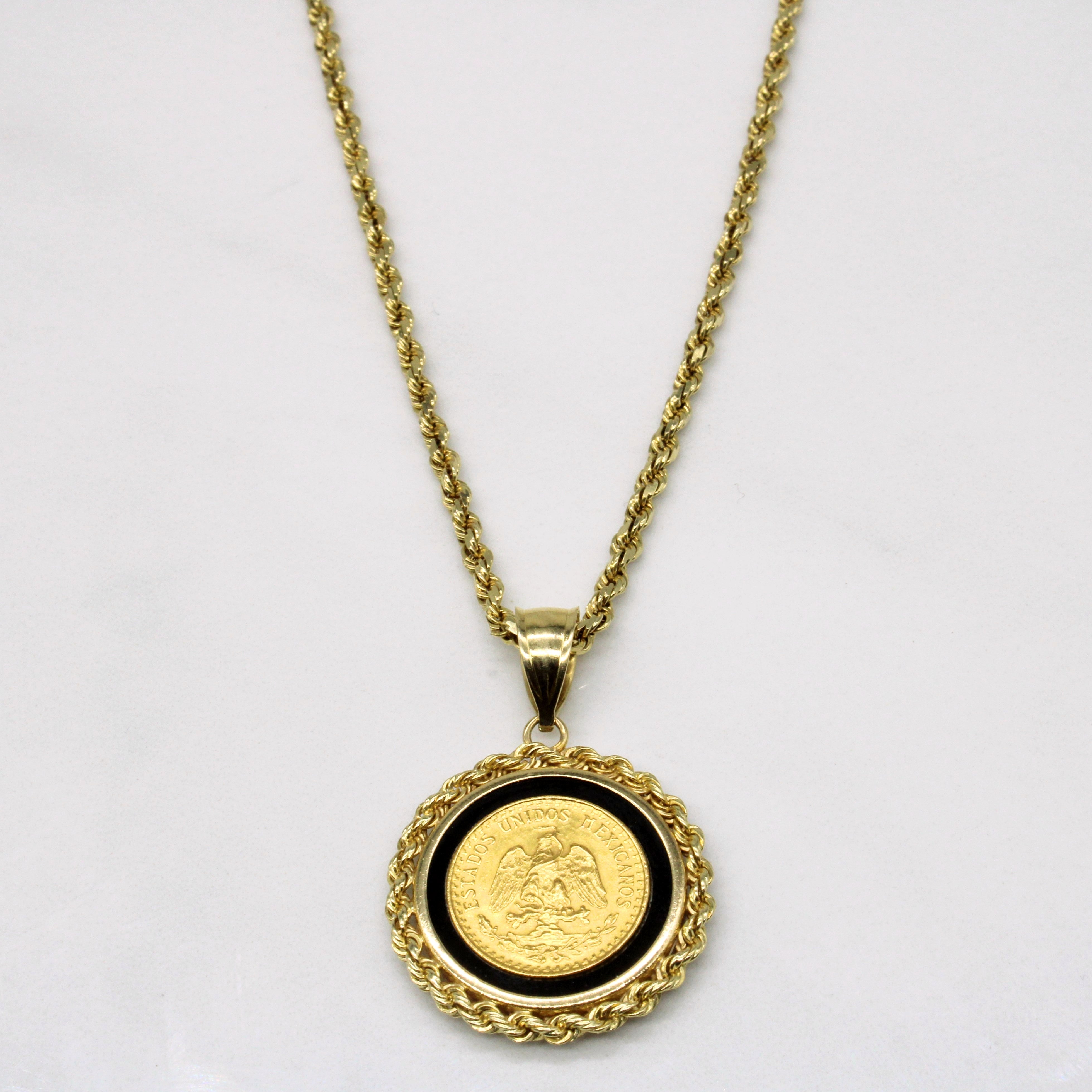 Pendentif et collier en pièce d'or mexicaine et onyx noir | 3,00 ct | 45,7 cm |