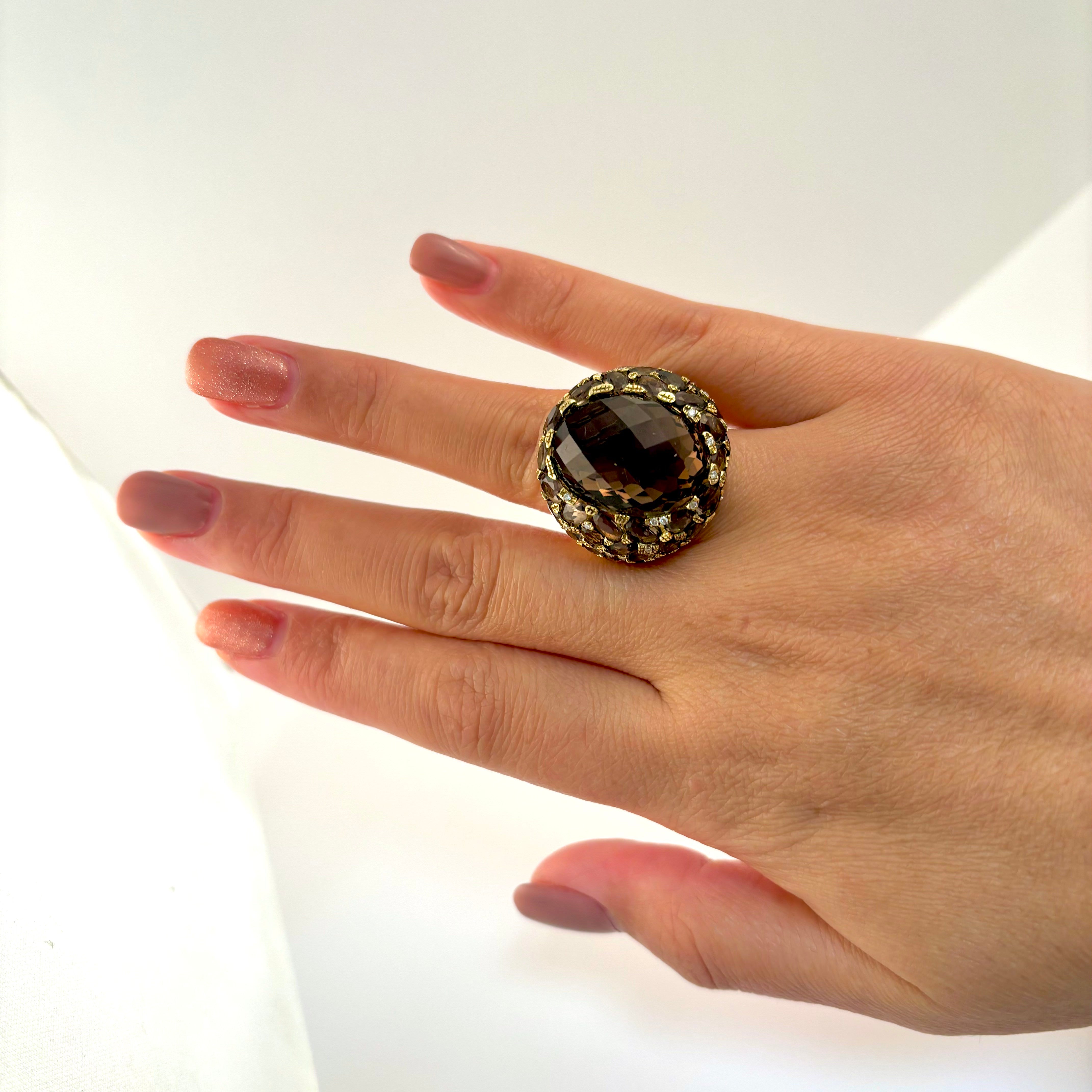 18k Yellow Gold Smoky Quartz and Diamond Ring | 29.21ctw, 0.12ctw | Sz 6.75