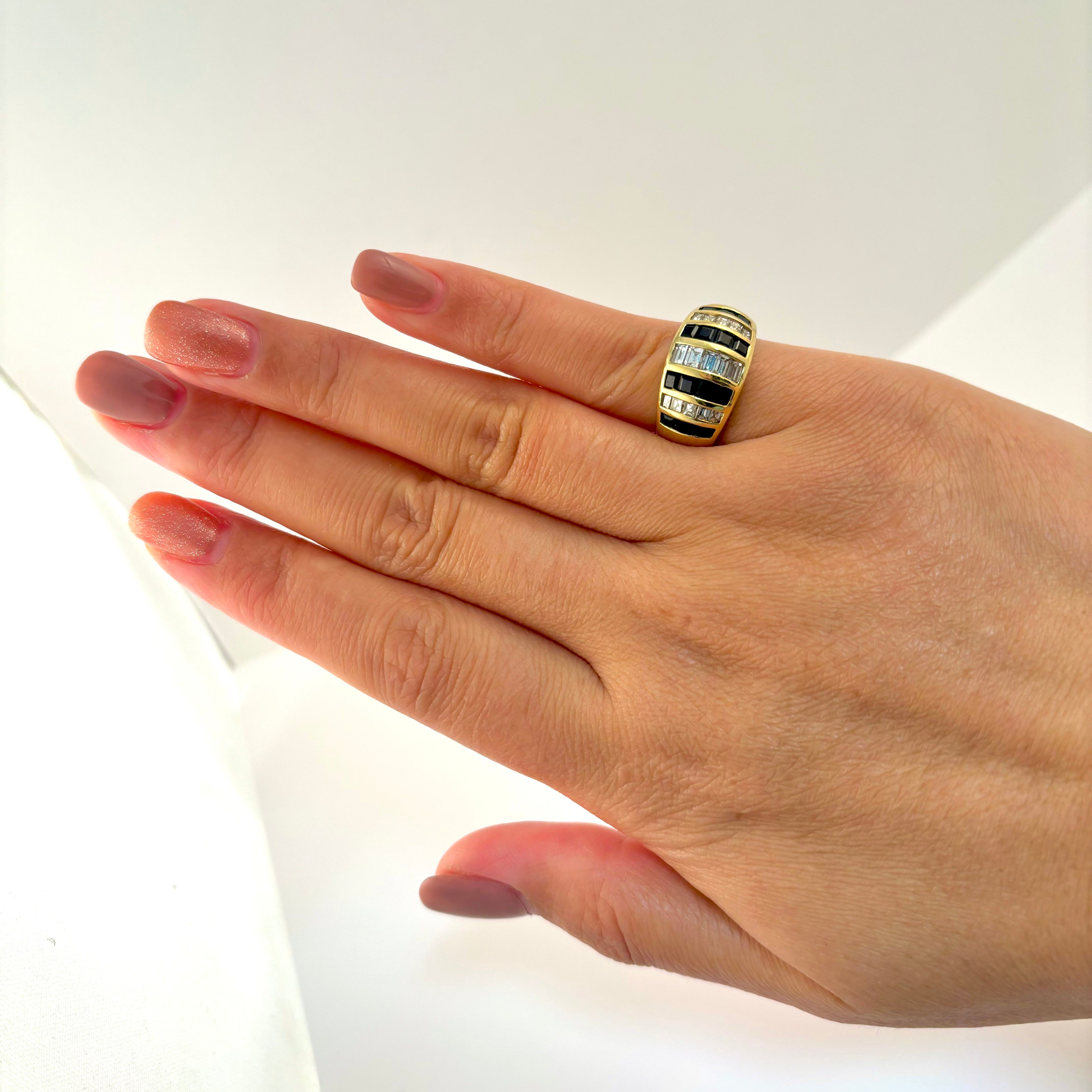 Bague dôme en or 14 carats sertie de diamants et de saphirs bleus | 0,91 ct au total, 1,41 ct au total | Taille 5,5