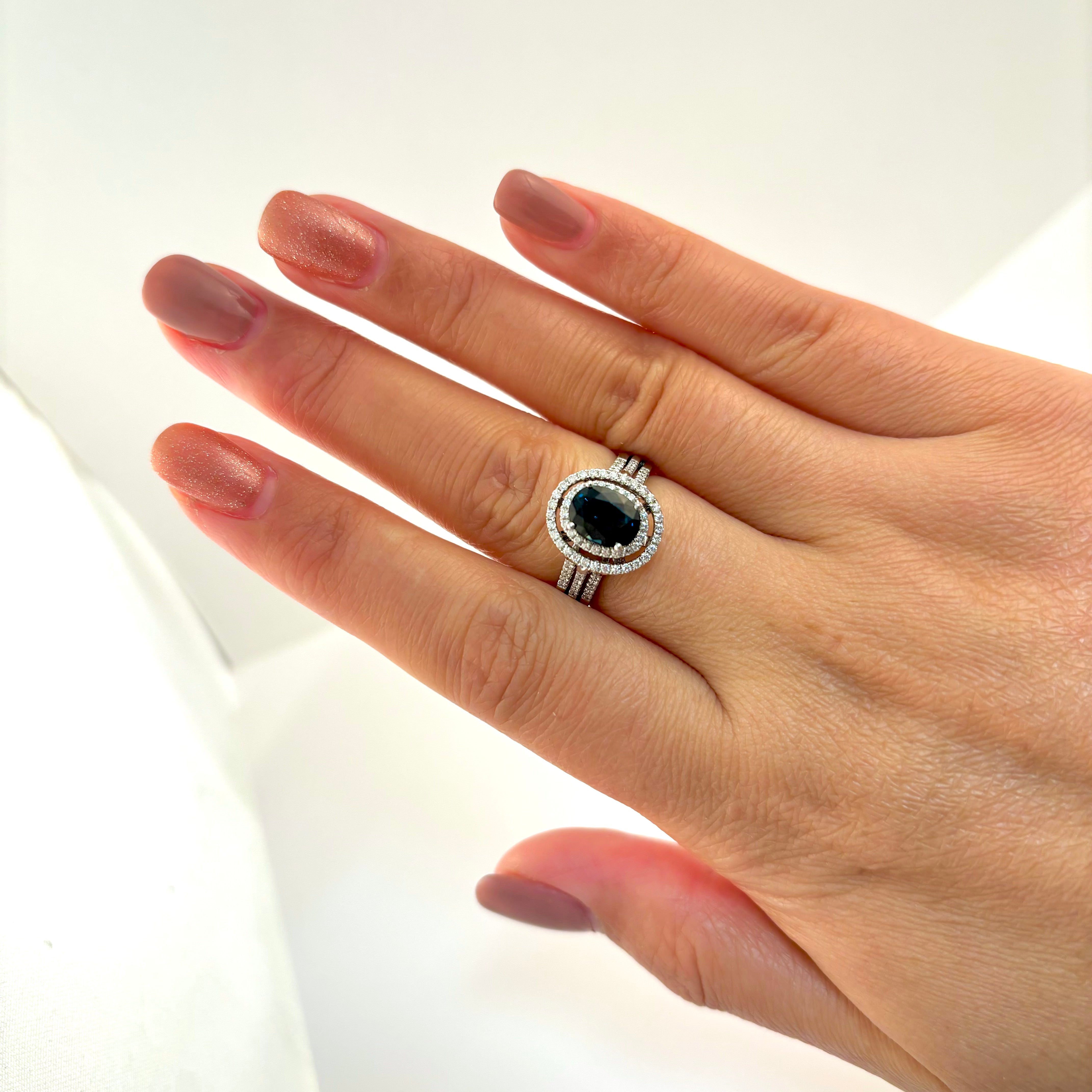 18k White Gold Blue Sapphire and Diamond Ring |1.50ct, 0.40ctw | Sz 7.25
