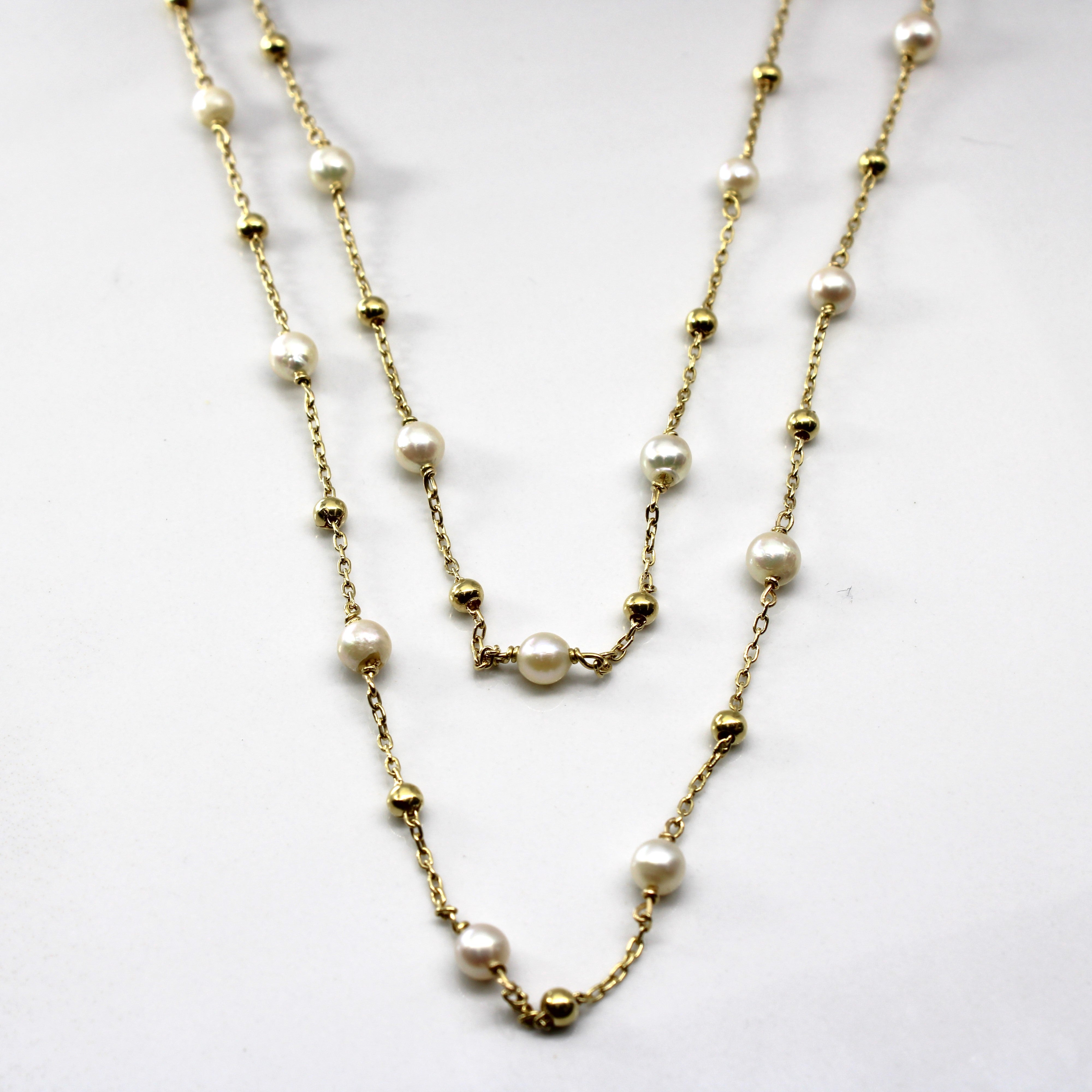 Gold Double Chain Pearl Necklace | 24"|