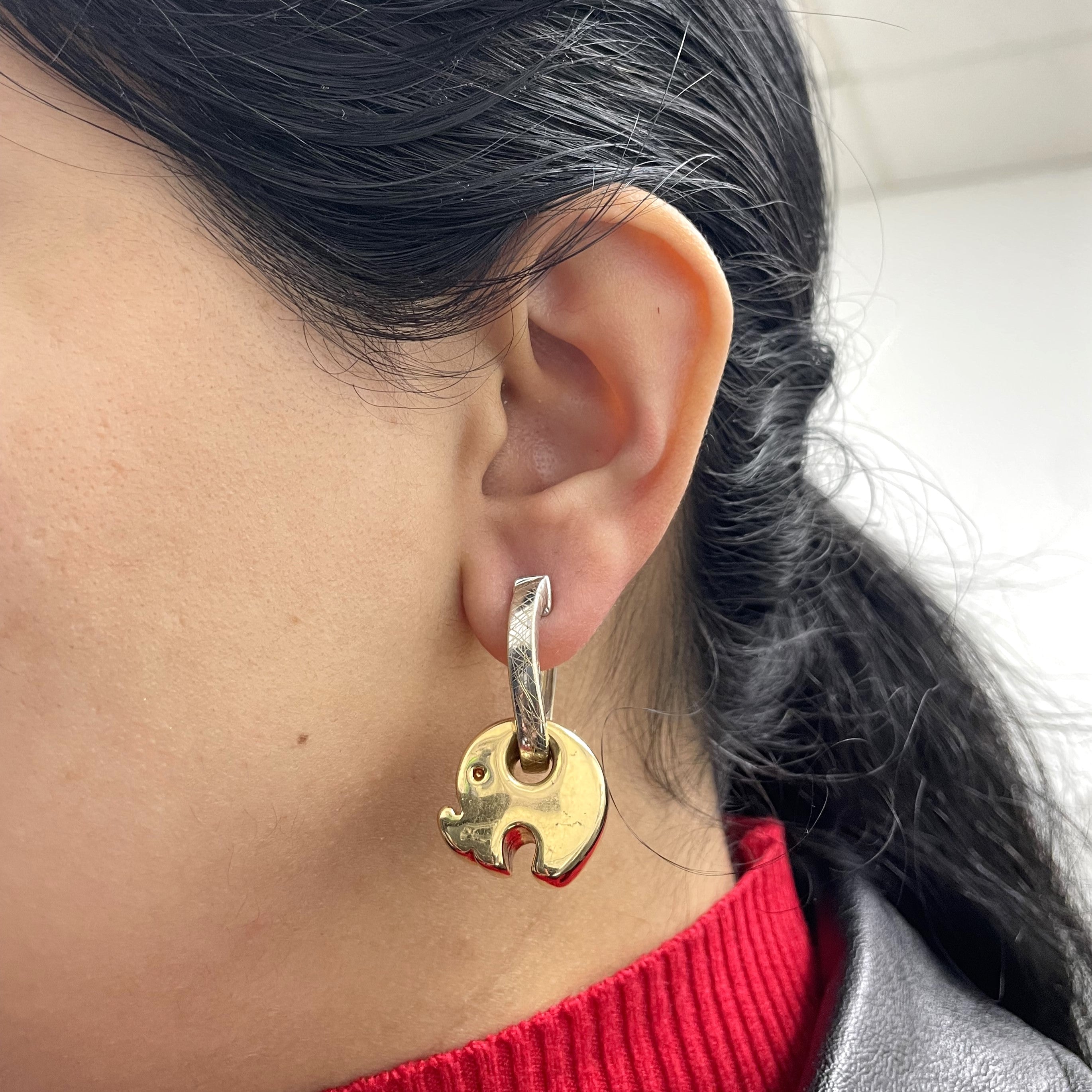 Two Tone Gold Drop Elephant Dangle Earrings
