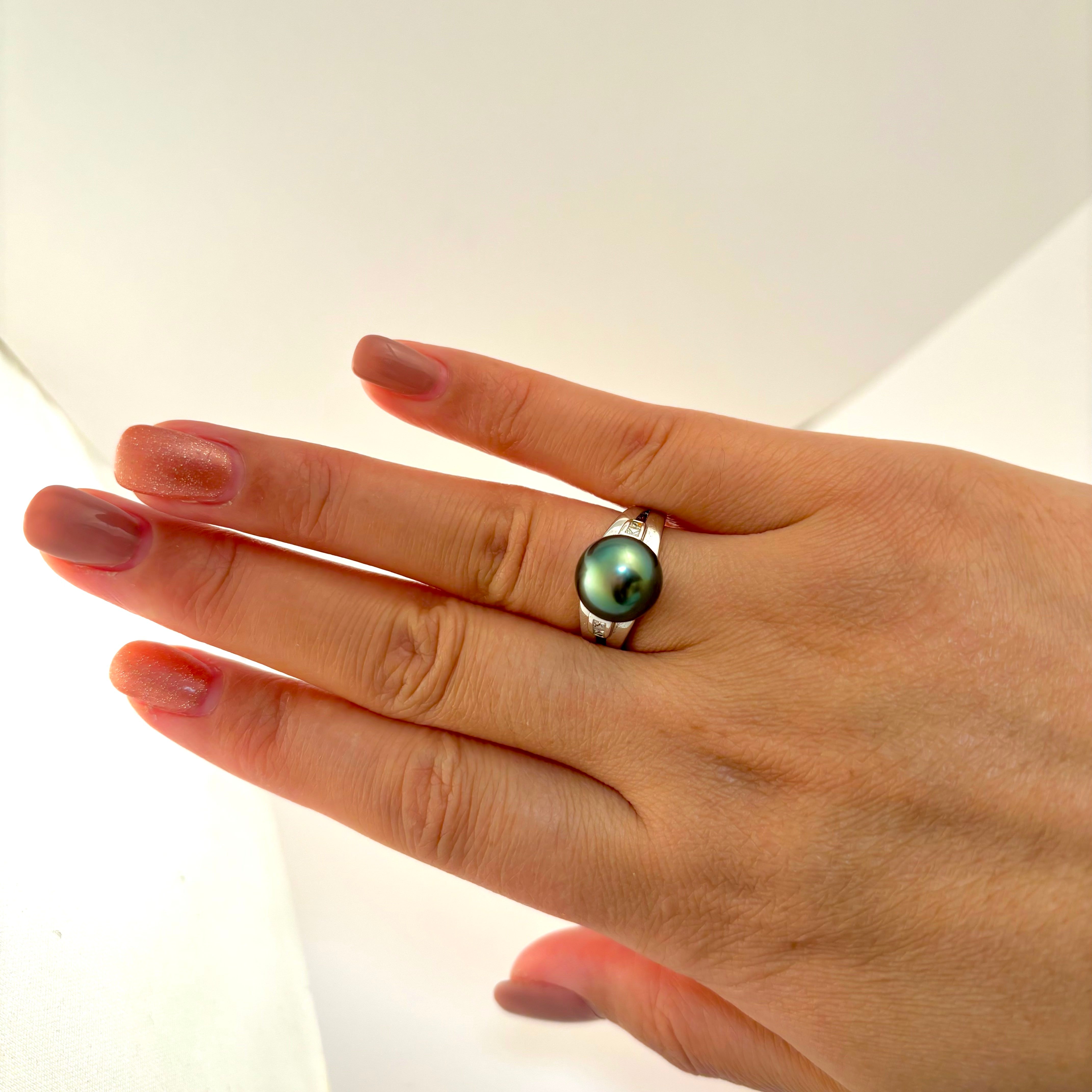 18k White Gold Pearl and Diamond Ring | 10.90-10.40mm, 0.11ctw | SZ 7