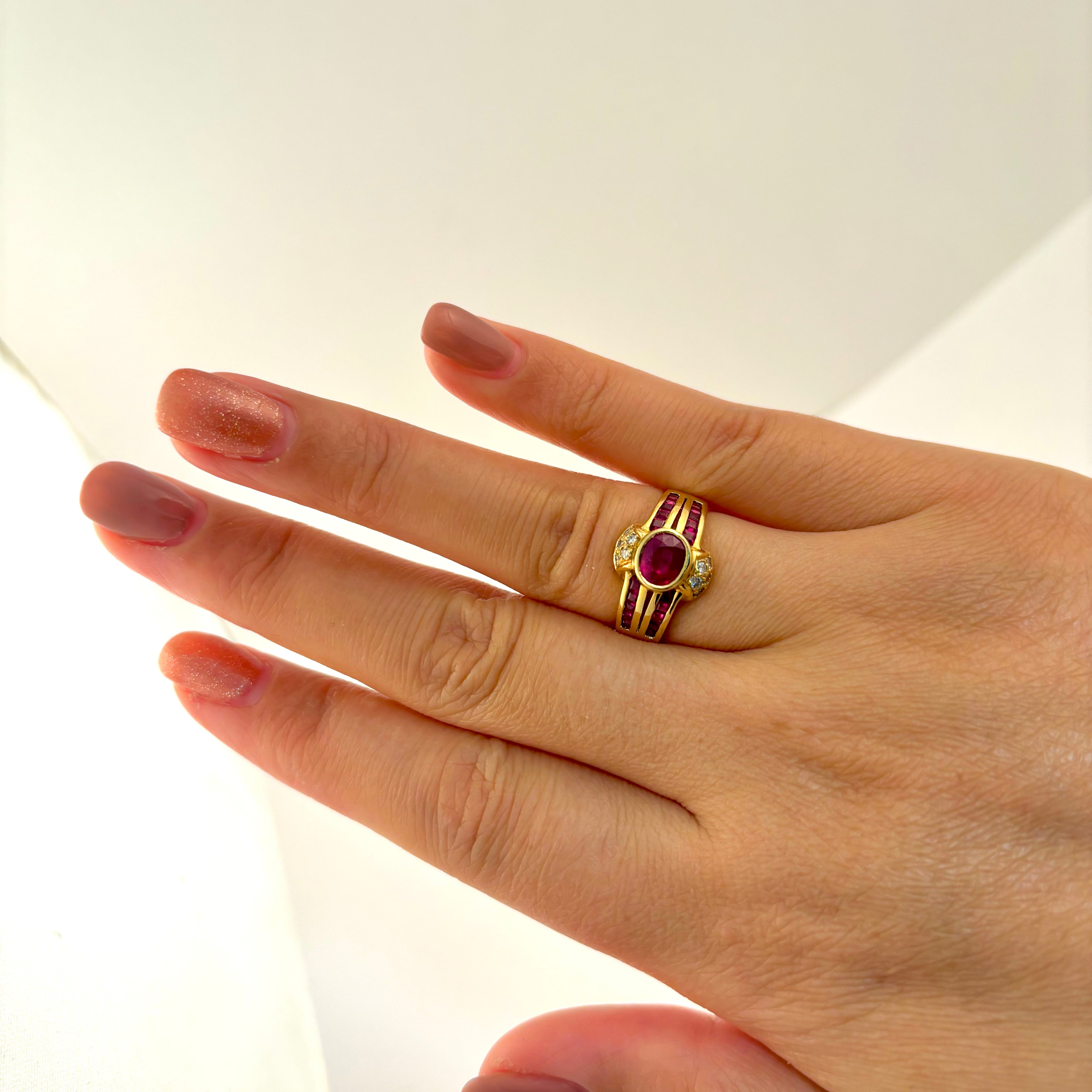 18k Yellow Gold Ruby and Diamond Ring| 1.45ctw, 0.12ctw | SZ 6.75