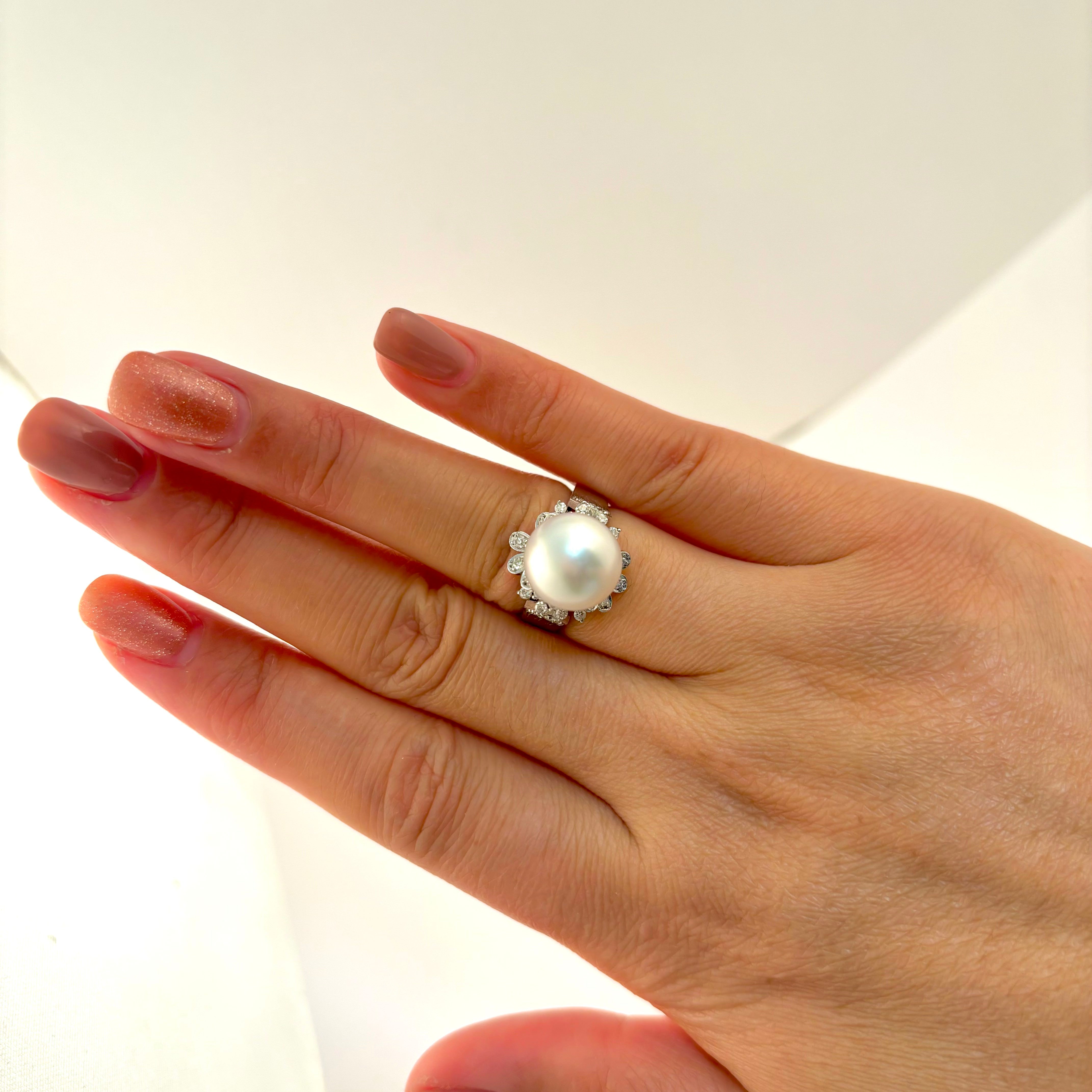 10k White Gold Pearl and Diamond Ring | 11.20-10.80mm, 0.42ctw | SZ 6
