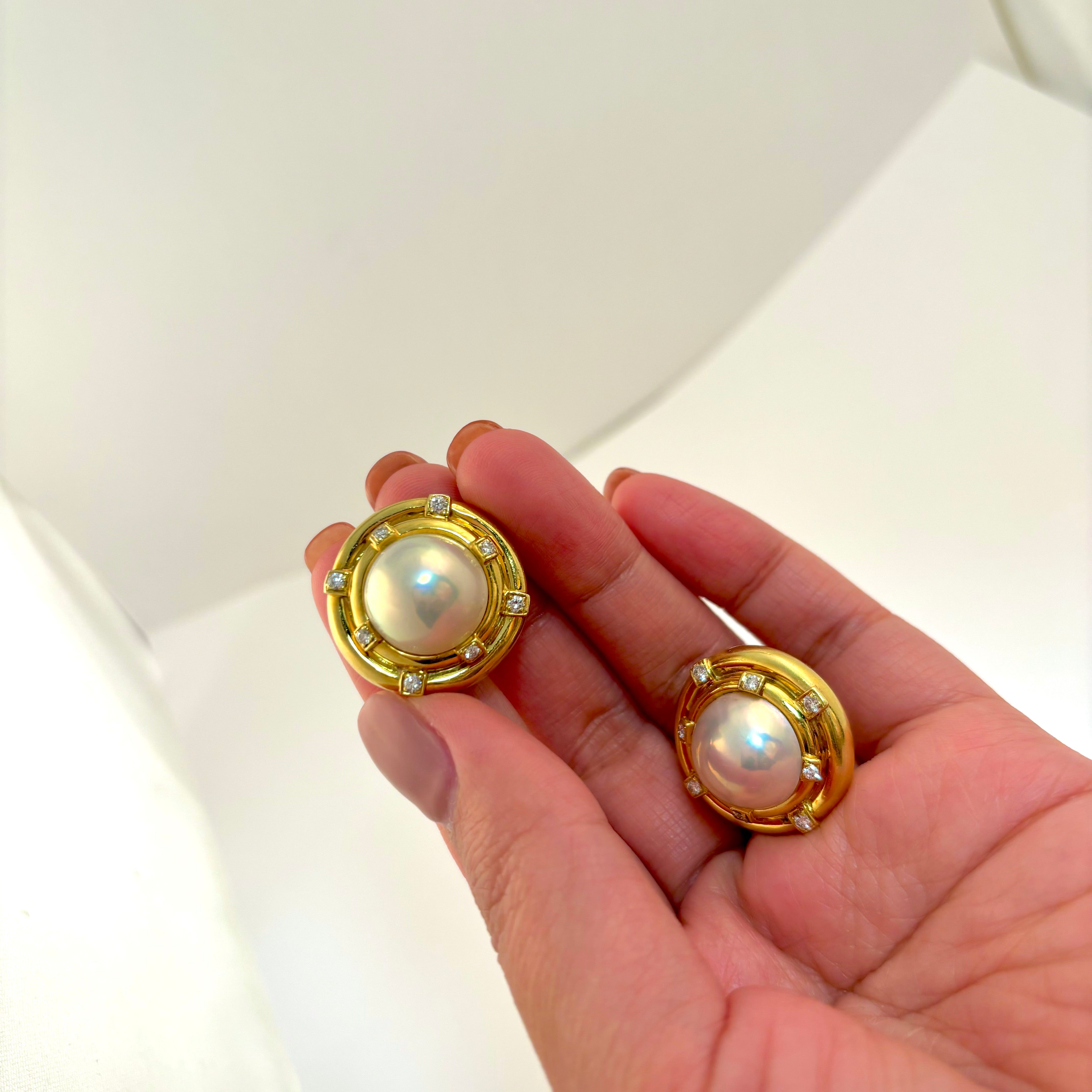 18k Yellow Gold Mabe Pearl and Diamond Clip On Earring | 14mm, 0.49ctw |