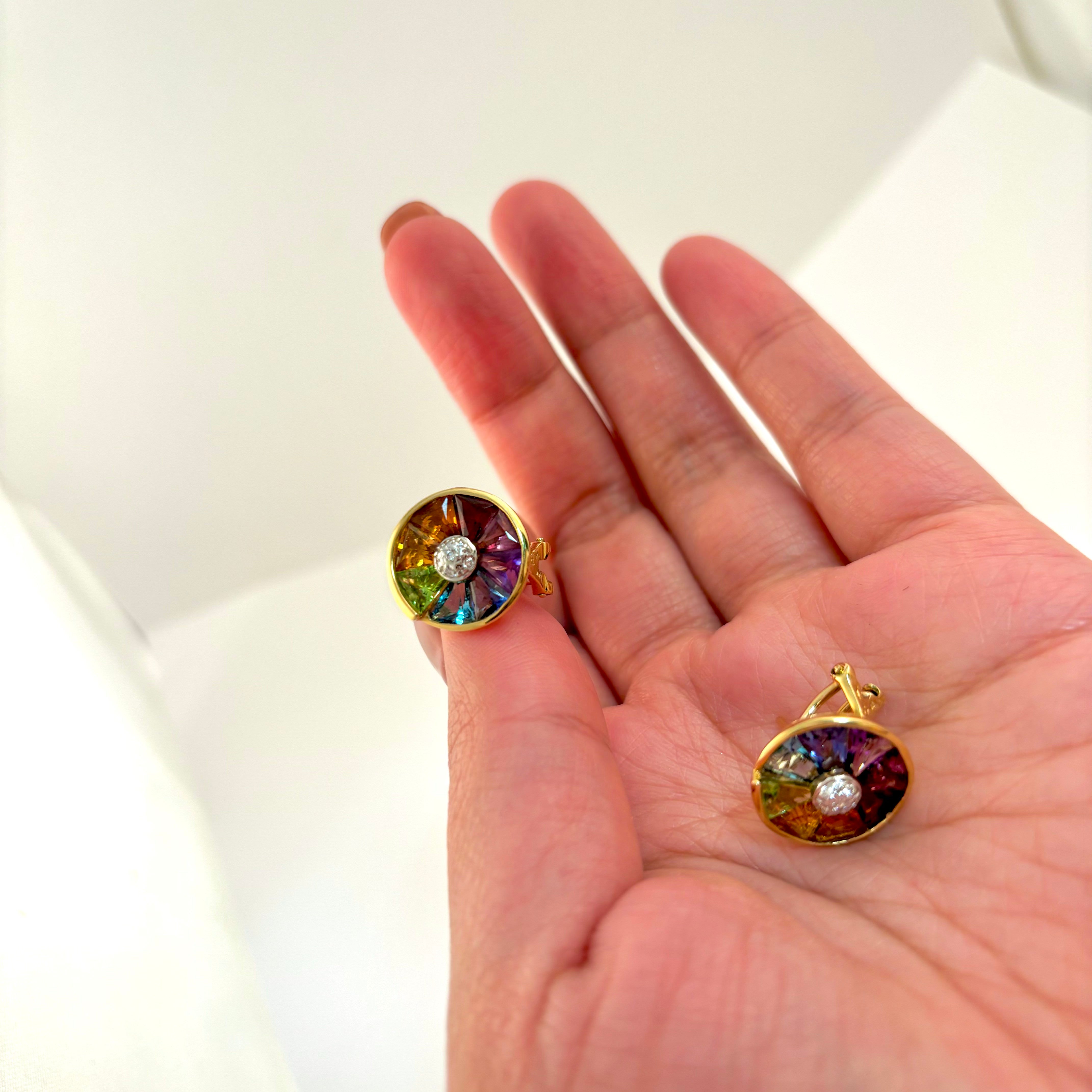 18k Yellow Gold Colored Stones and Diamond Earring | 5x5mm, 0.10ctw |