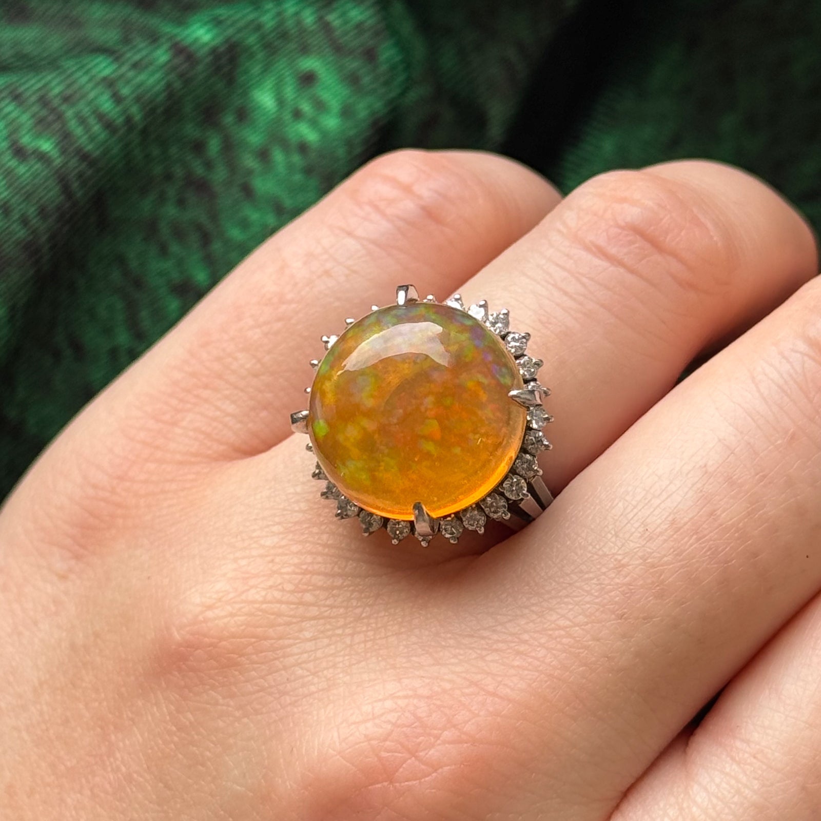 Fire Opal & Diamond Halo Cocktail Ring | 12.30ct, 0.59ctw | SZ 5.25 |