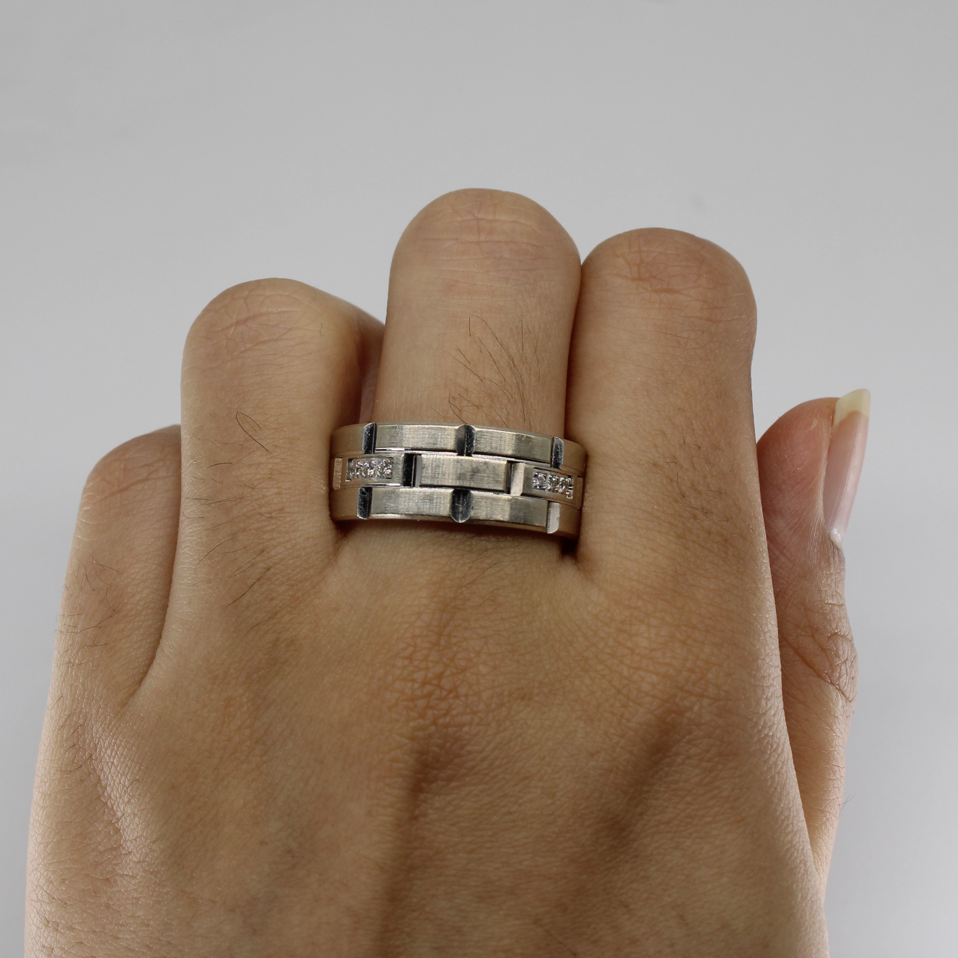Diamond and Textured Wide White 18k Gold Band | 0.084 ctw | SZ 11.5 |