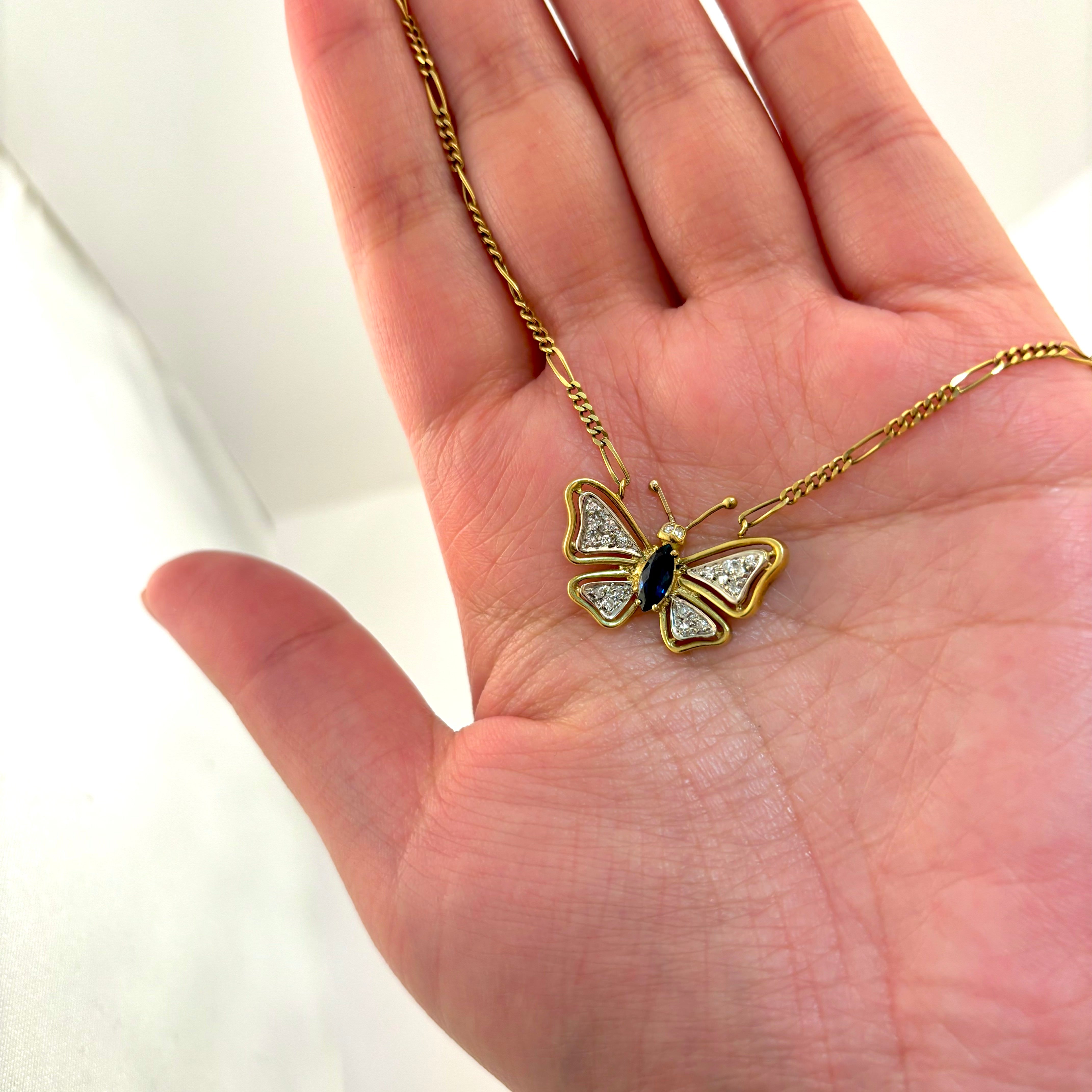 18k Yellow Gold Butterfly Sapphire and Diamond Necklace | 0.34ct, 0.15ctw | 16"