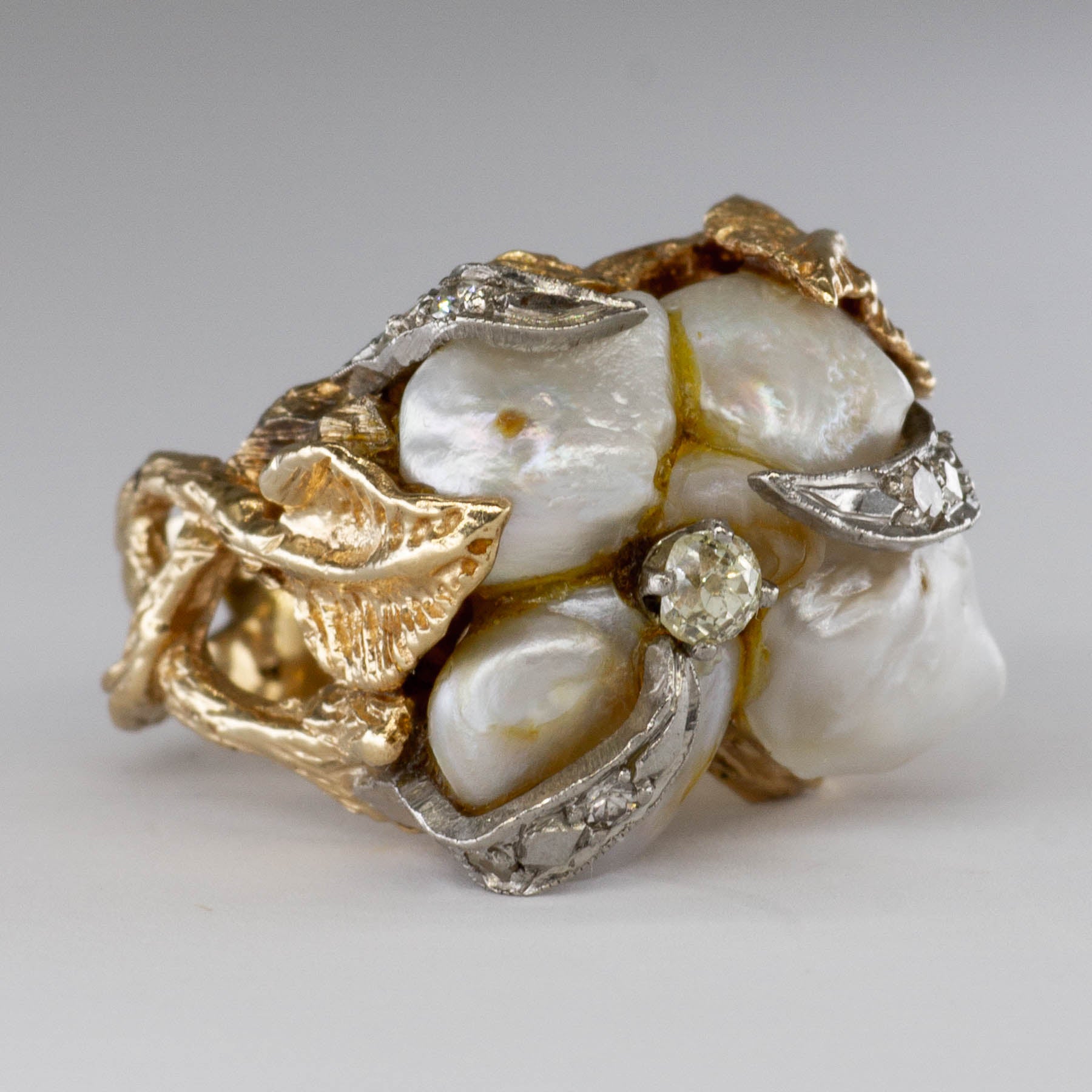 Baroque Mother of Pearl & Old Mine Cut Diamond Leaf Design Ring | 9-11mm | 0.23ctw | SZ 4.75 |