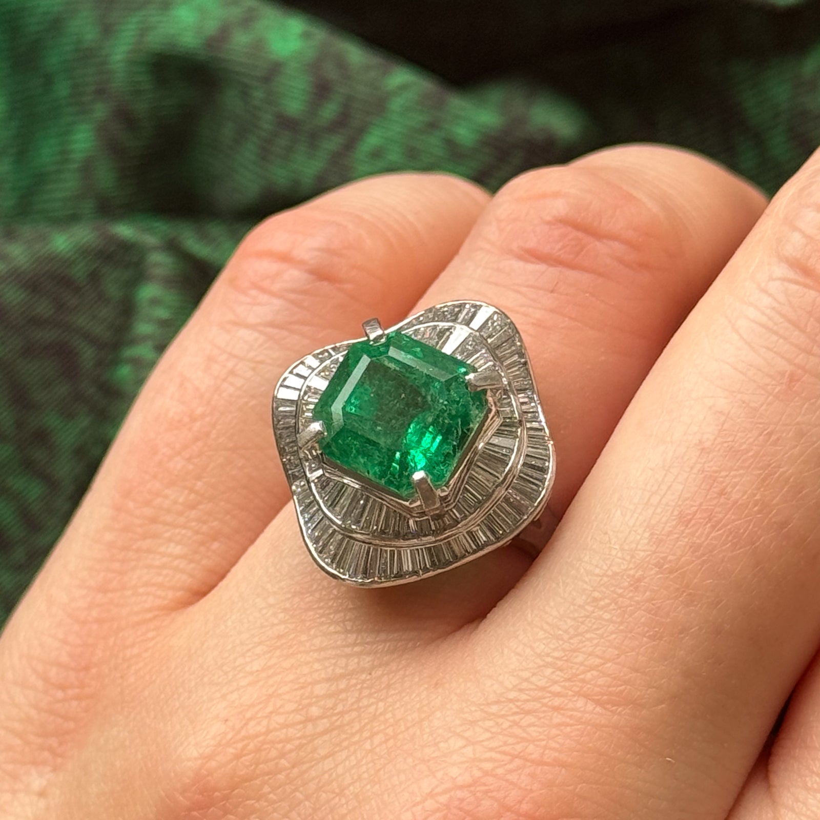 Vintage Platinum Emerald & Diamond Ballerina Ring | 4.95ct, 1.50ctw | SZ 4 |