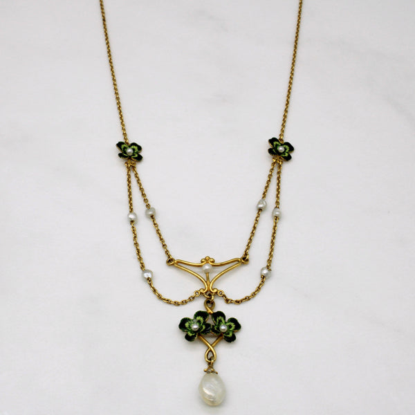 Art Nouveau Inspired Natural Pearl and Enamel Four Leaf Clover Choker | 14