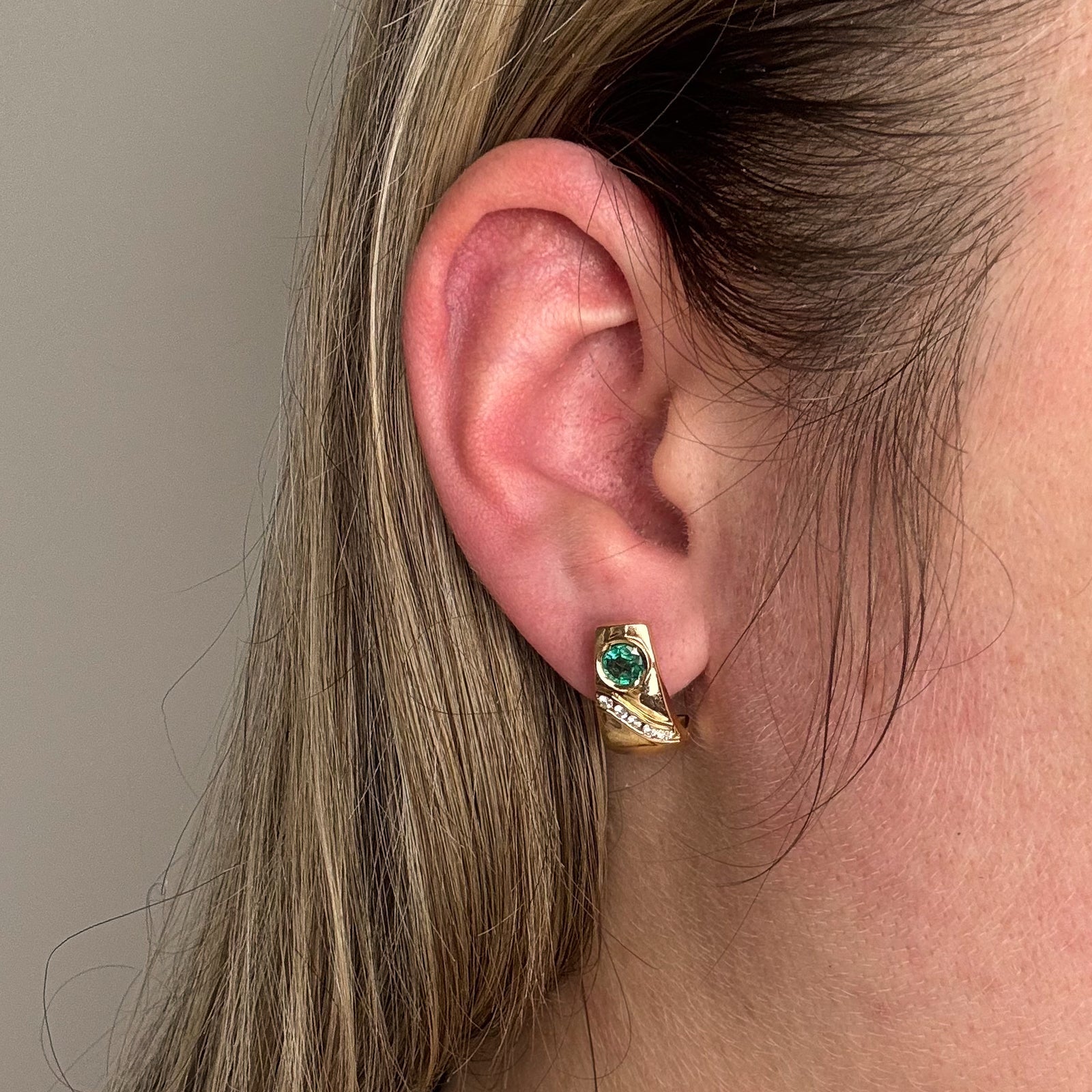 Emerald & Diamond Half Hoop Stud Earrings | 0.50ctw, 0.16ctw |