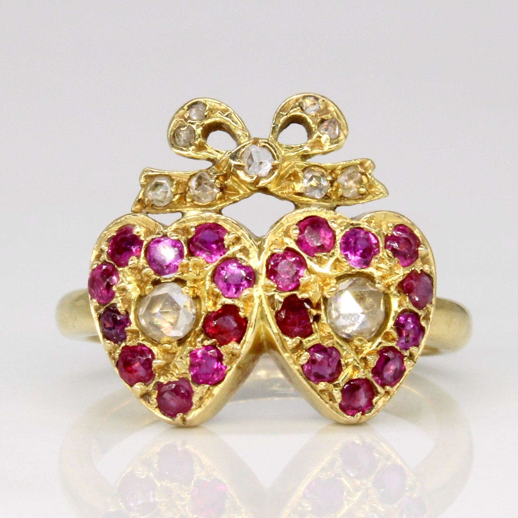 Victorian Ruby & Rose Cut Diamond Double Heart & Bow Ring | 0.50ctw, 0.24ctw | SZ 5.5 |