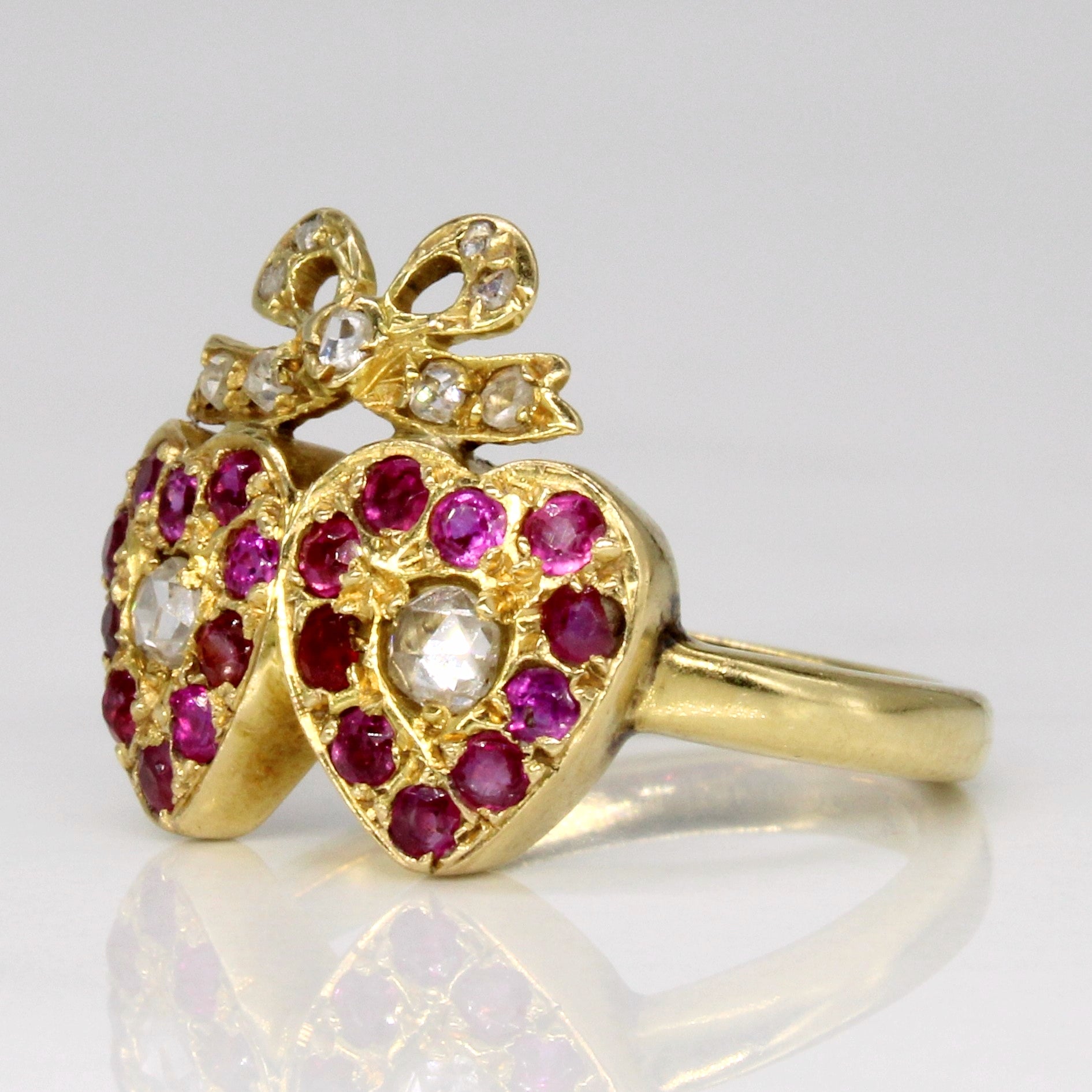 Victorian Ruby & Rose Cut Diamond Double Heart & Bow Ring | 0.50ctw, 0.24ctw | SZ 5.5 |
