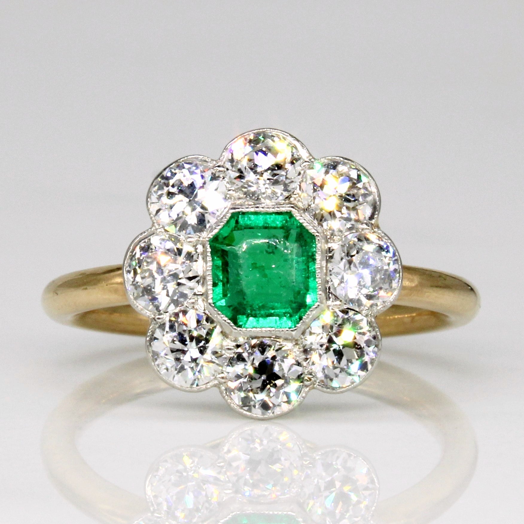 Edwardian Emerald and Old European Cut Diamond Halo Ring | 1.32ctw, 0.56ct | SZ 6.5 |