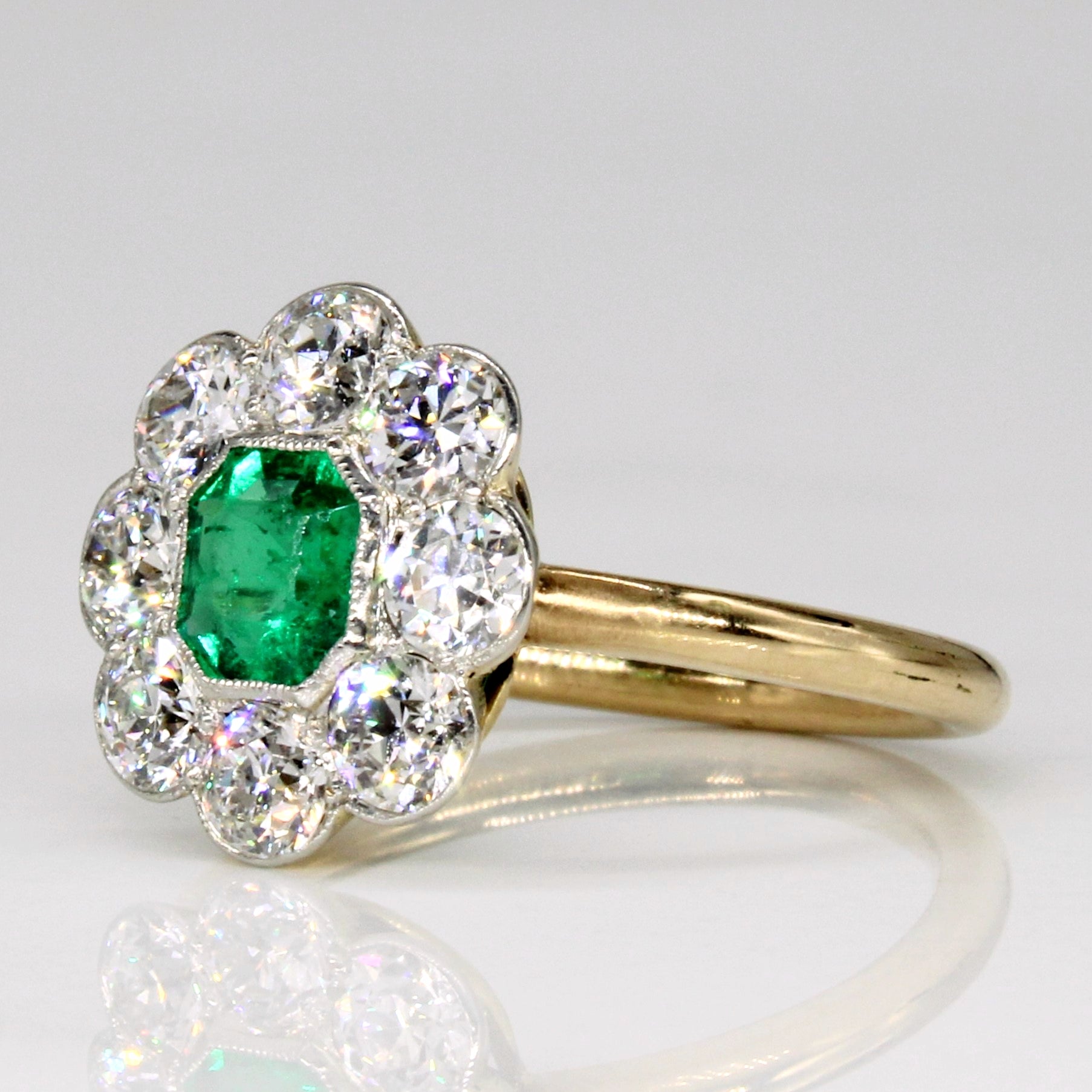 Edwardian Emerald and Old European Cut Diamond Halo Ring | 1.32ctw, 0.56ct | SZ 6.5 |
