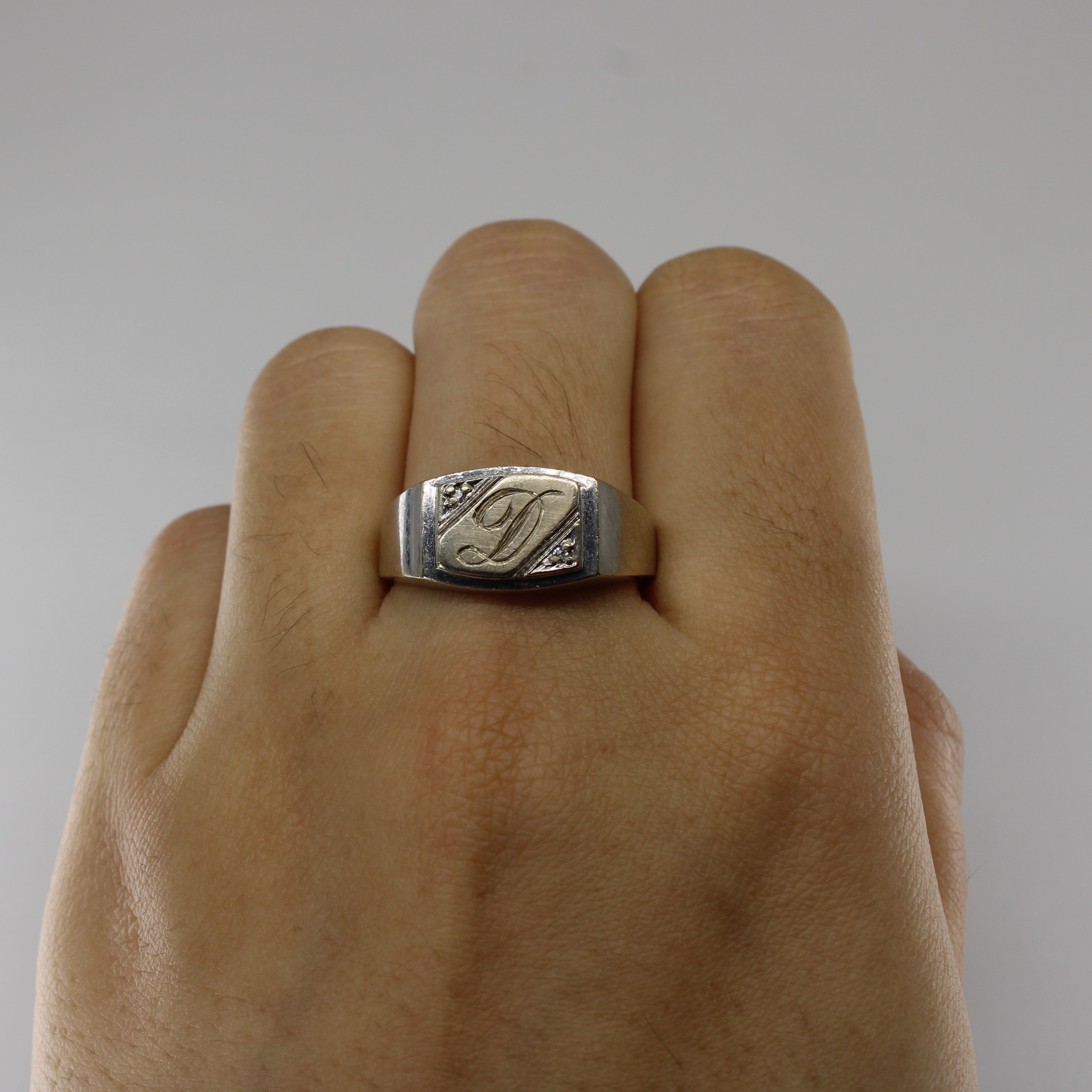 Initial 'D' White Gold and Diamond Signet Ring | 0.005ctw |SZ 10 |