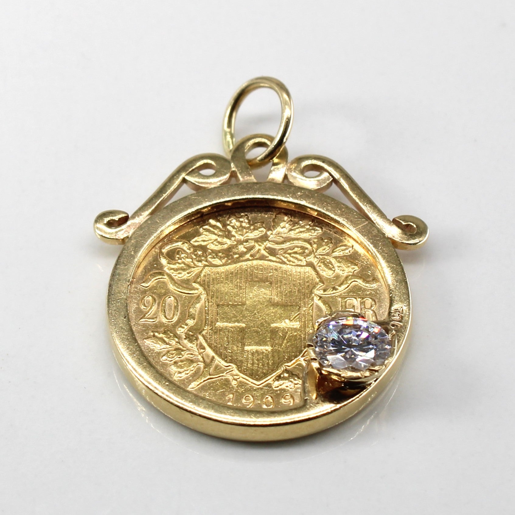 Swiss 1909 20 Francs Diamond Coin Pendant | 0.59ct SI2 I |